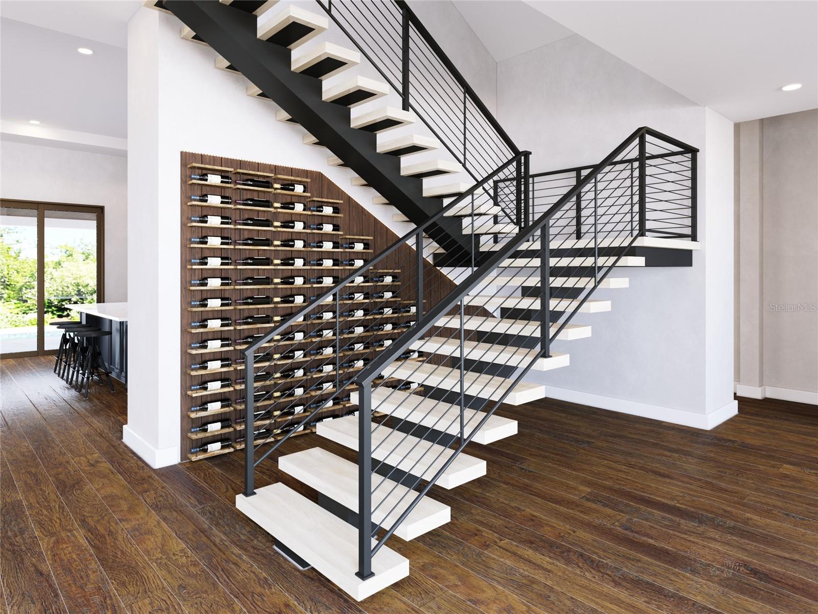 floating stairs, wine wall