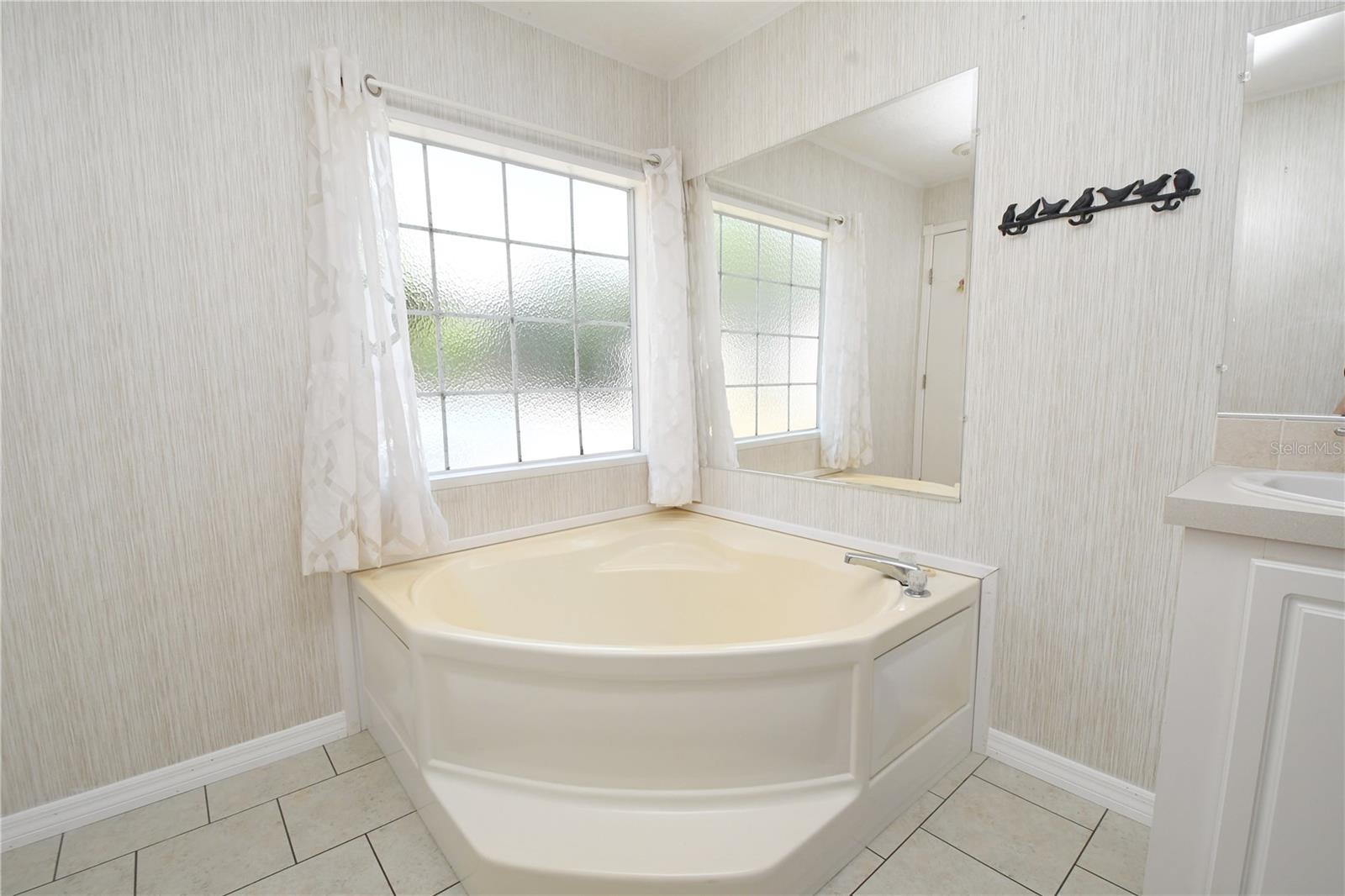 The master bath features a garden tub beneath a frosted window for additional privacy.