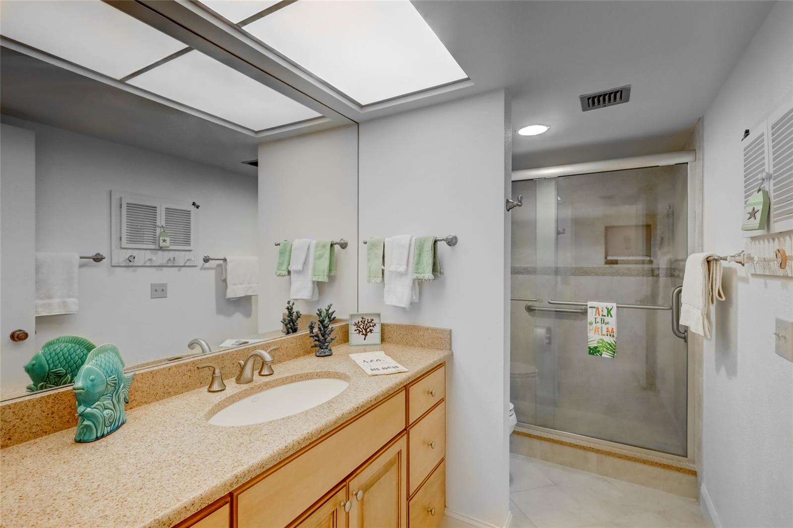 the Guest bathroom has plenty of counter space and a walk in shower