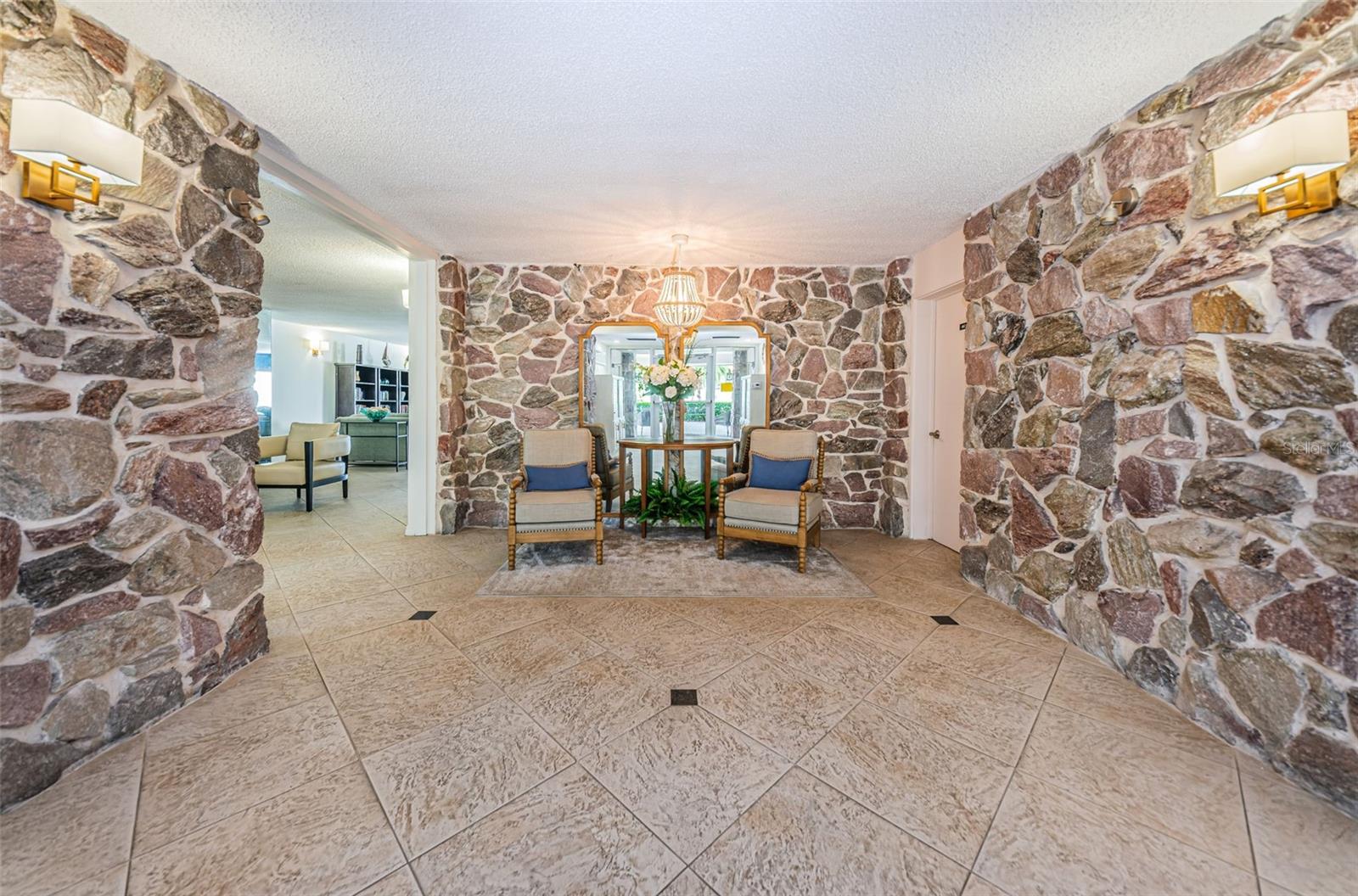 Interior of rock lined walls in main lobby