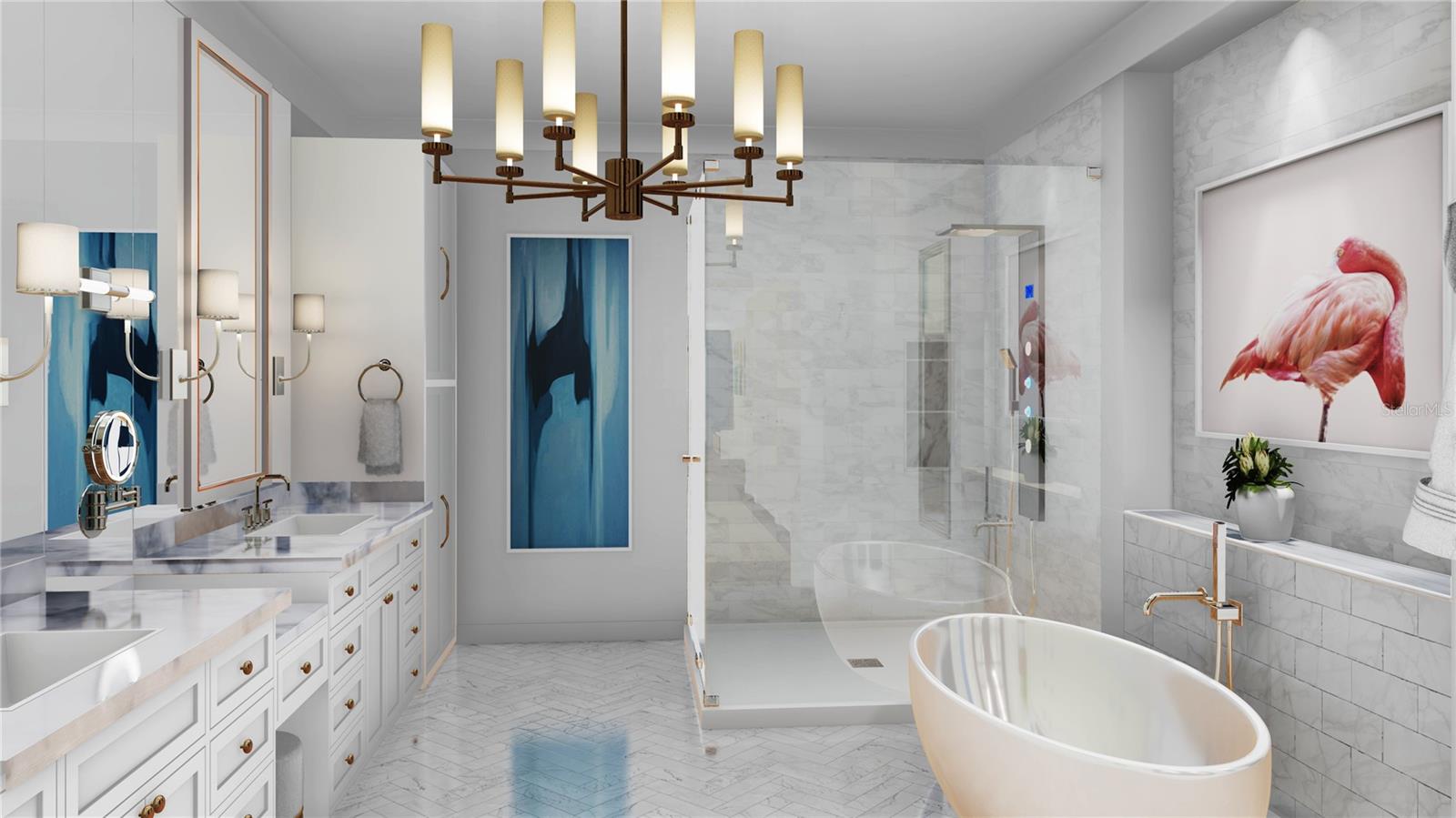 The owners bathroom is very luxurious with two sinks, a vanity, a large walk in shower and soaking tub. Digital rendering.