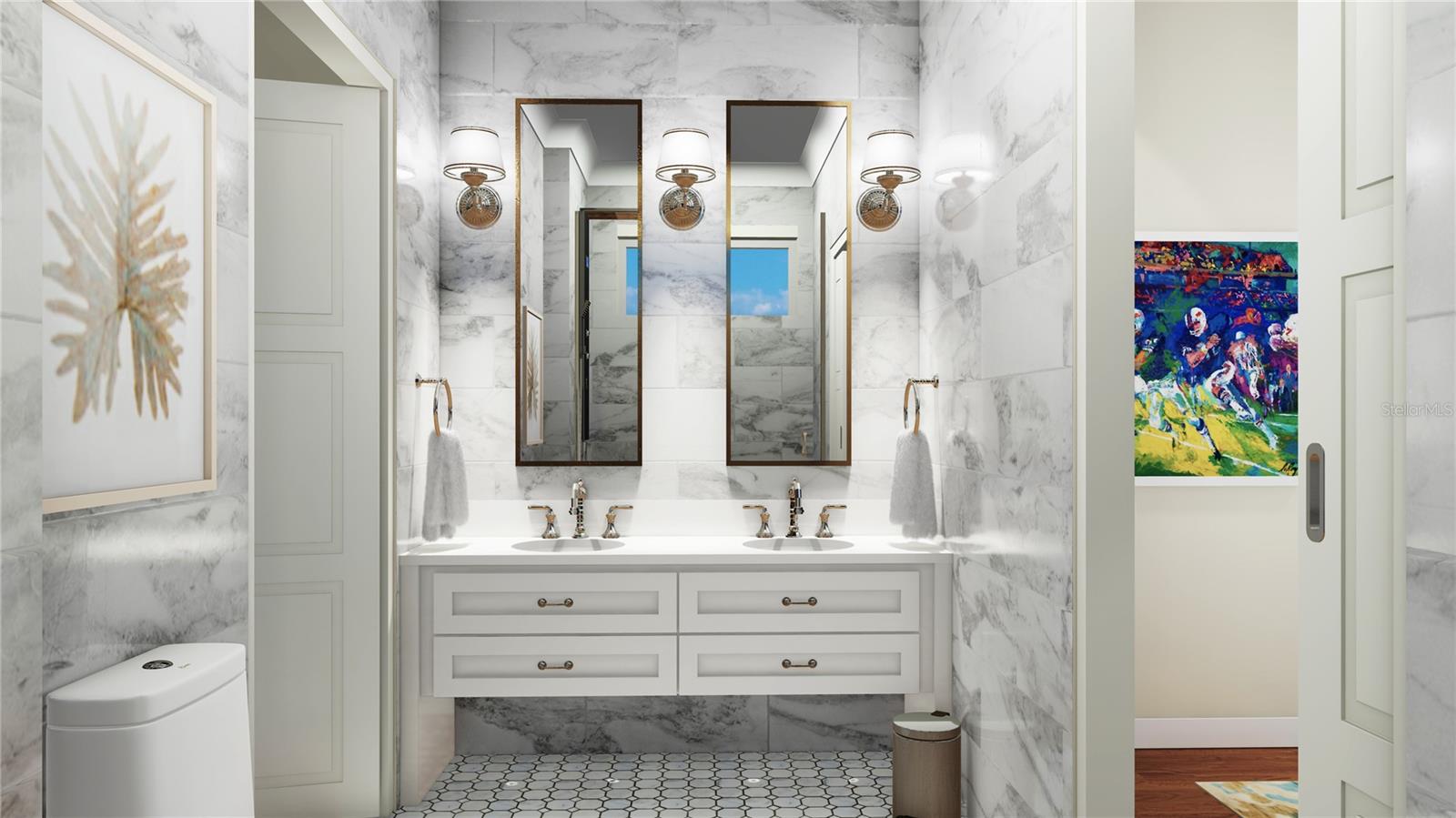 Even the guest bathrooms that are adjacent to the bedrooms have double sinks!  Digital rendering.