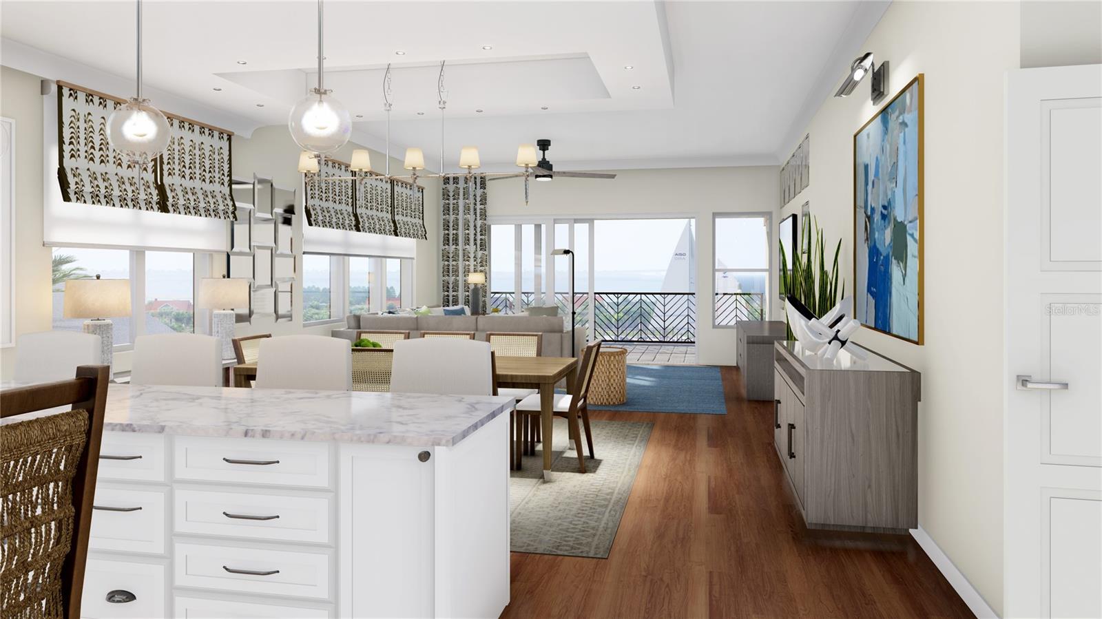 The kitchen overlooks the dining/living room and out to the balcony overlooking the water. Digital rendering.