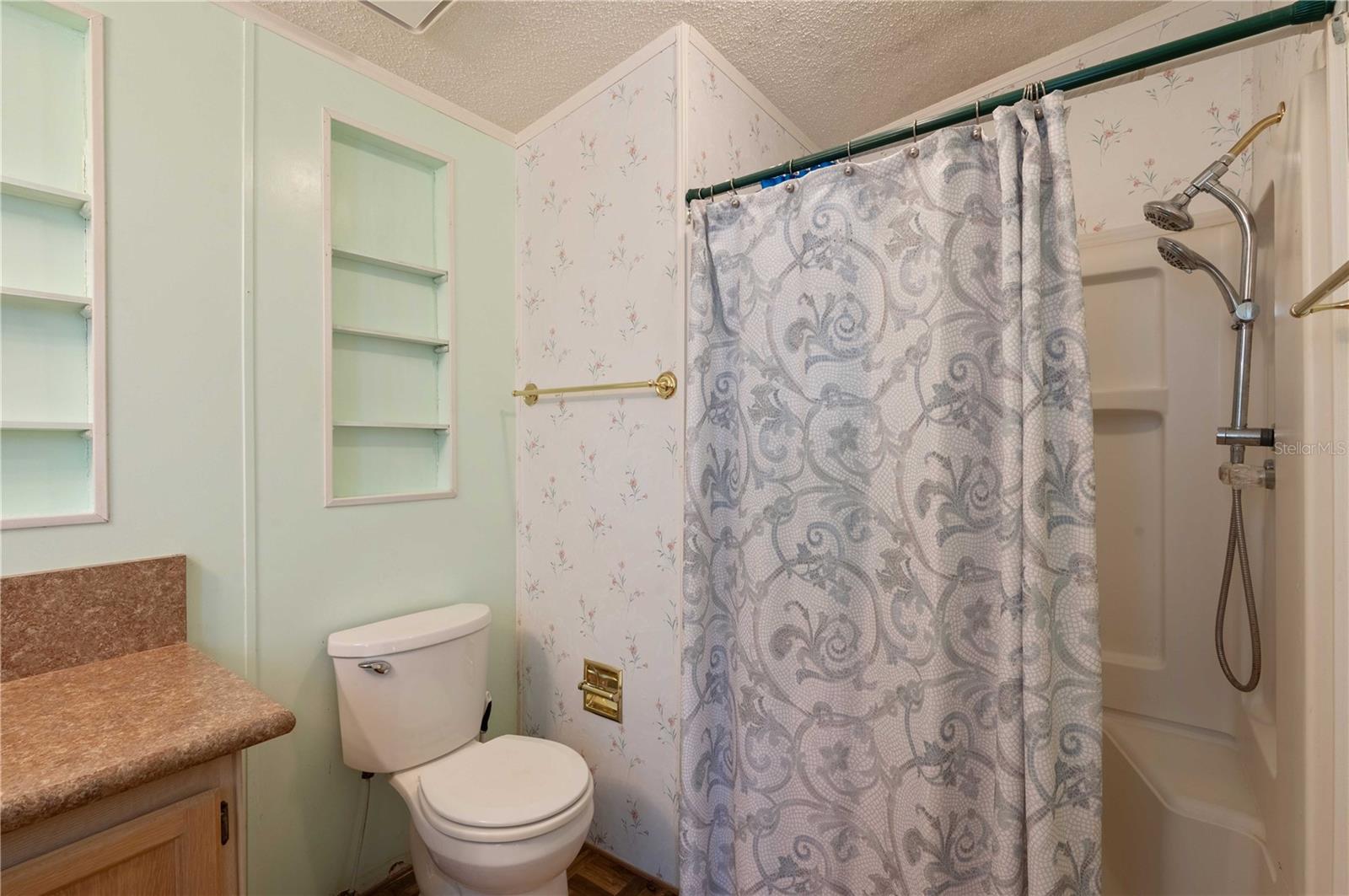 Master bath has walk-in shower, high toilet, medicine cabinet, and laminate flooring.