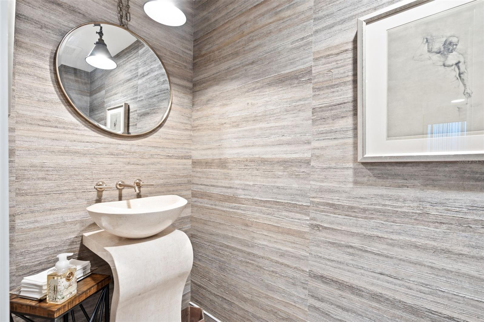 Hall Powder Room With Elevated Fixtures