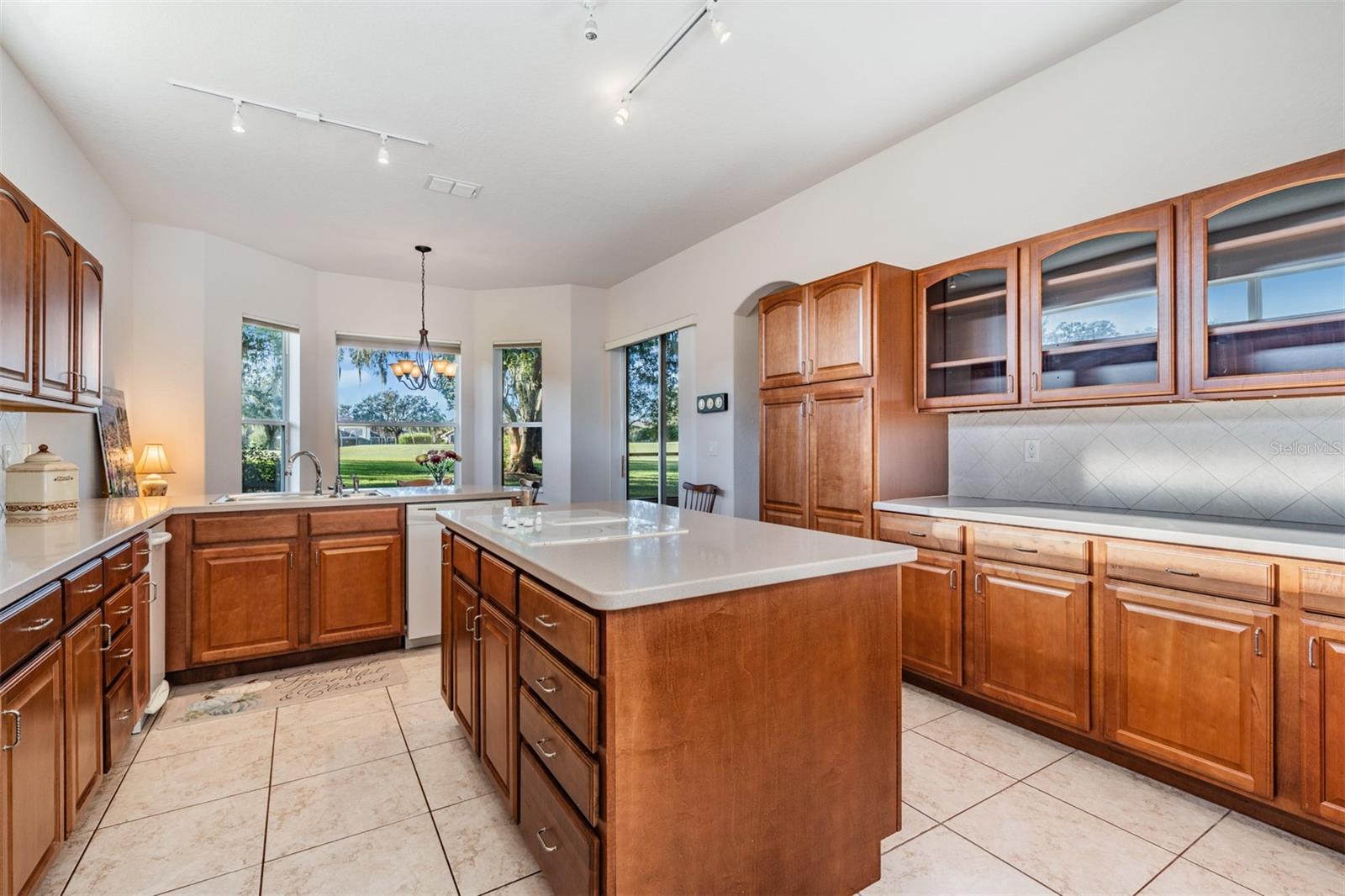 Center Island with warm Wooden cabinets, solid surface tops and spectacular views!