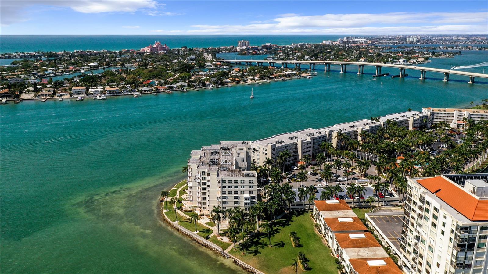 Aerial view to northwest over intracoastal waterway towards the Don Cesar and St Pete Beach