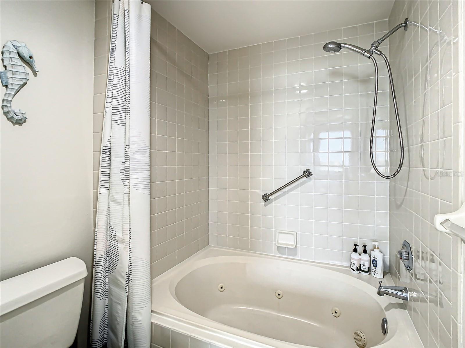 The main bathroom has a jetted tub with shower.