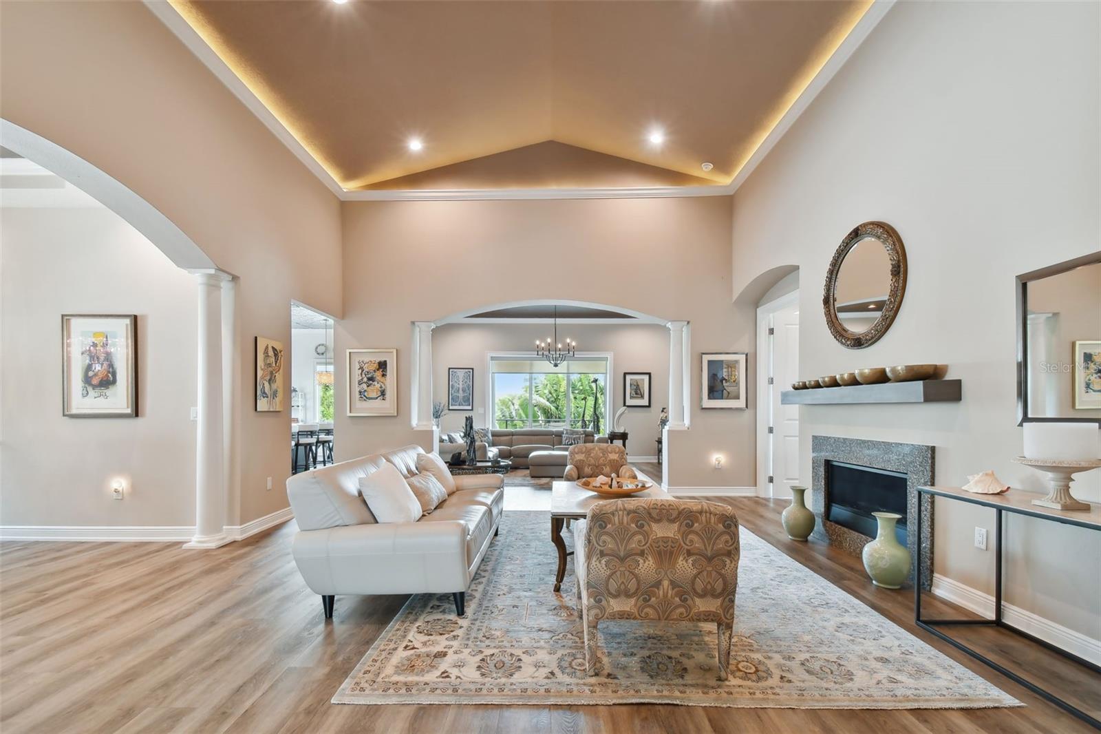 Uplighting highlights the vaulted ceilings