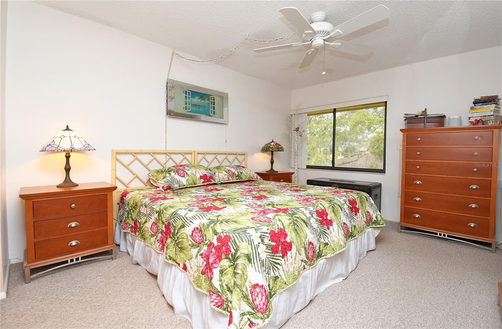 The master bedroom features a carpet, ceiling fan and a large window with hurricane shutters.