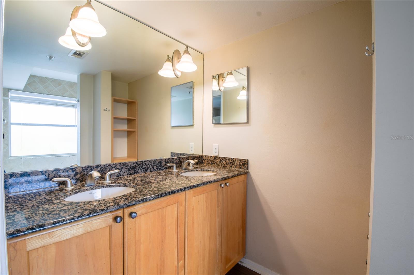 The primary bathroom has a mirrored dual sink vanity with downlight fixtures.