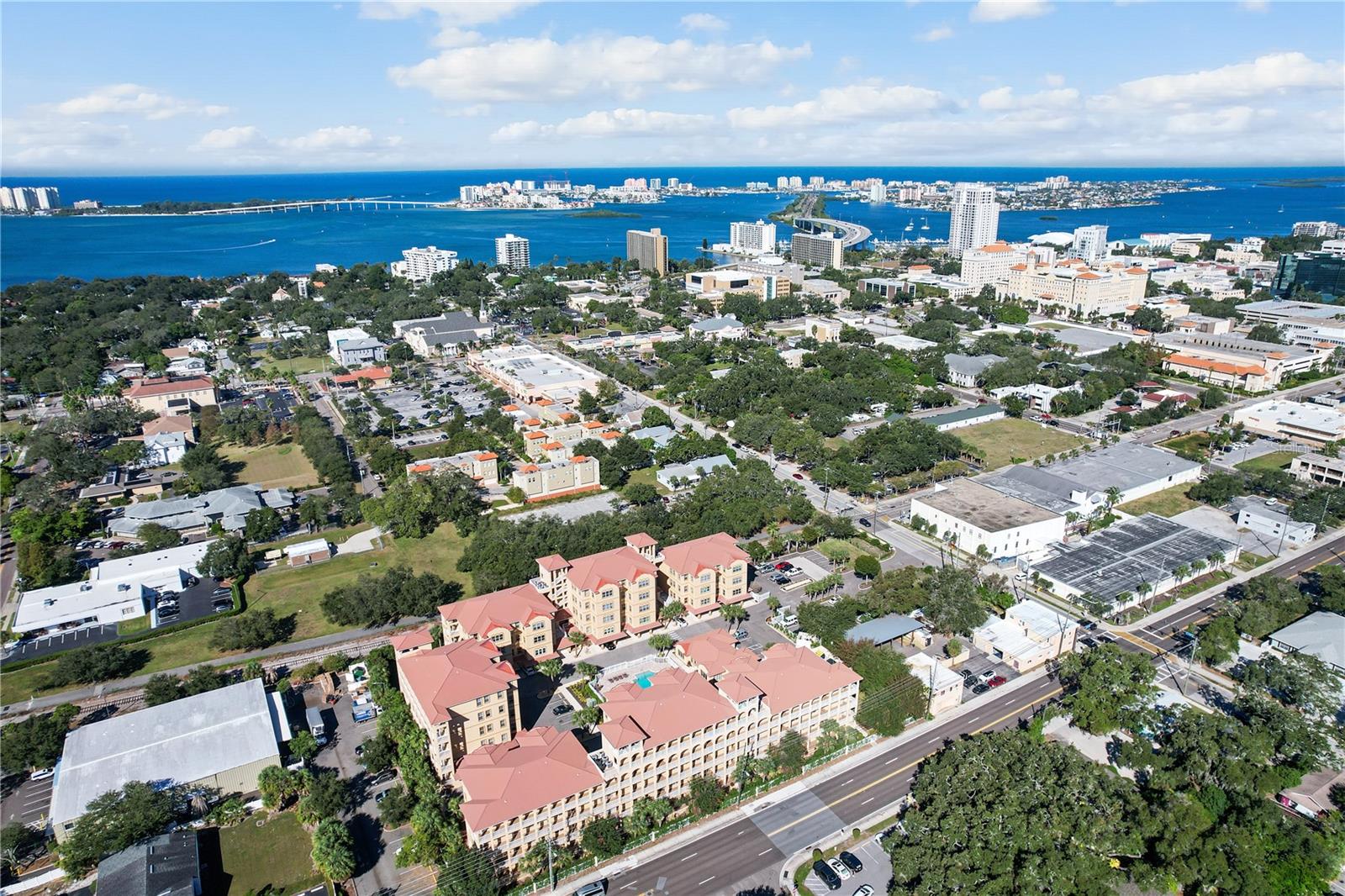 Aerial view of downtown Clearwater and Clearwater Beach.
