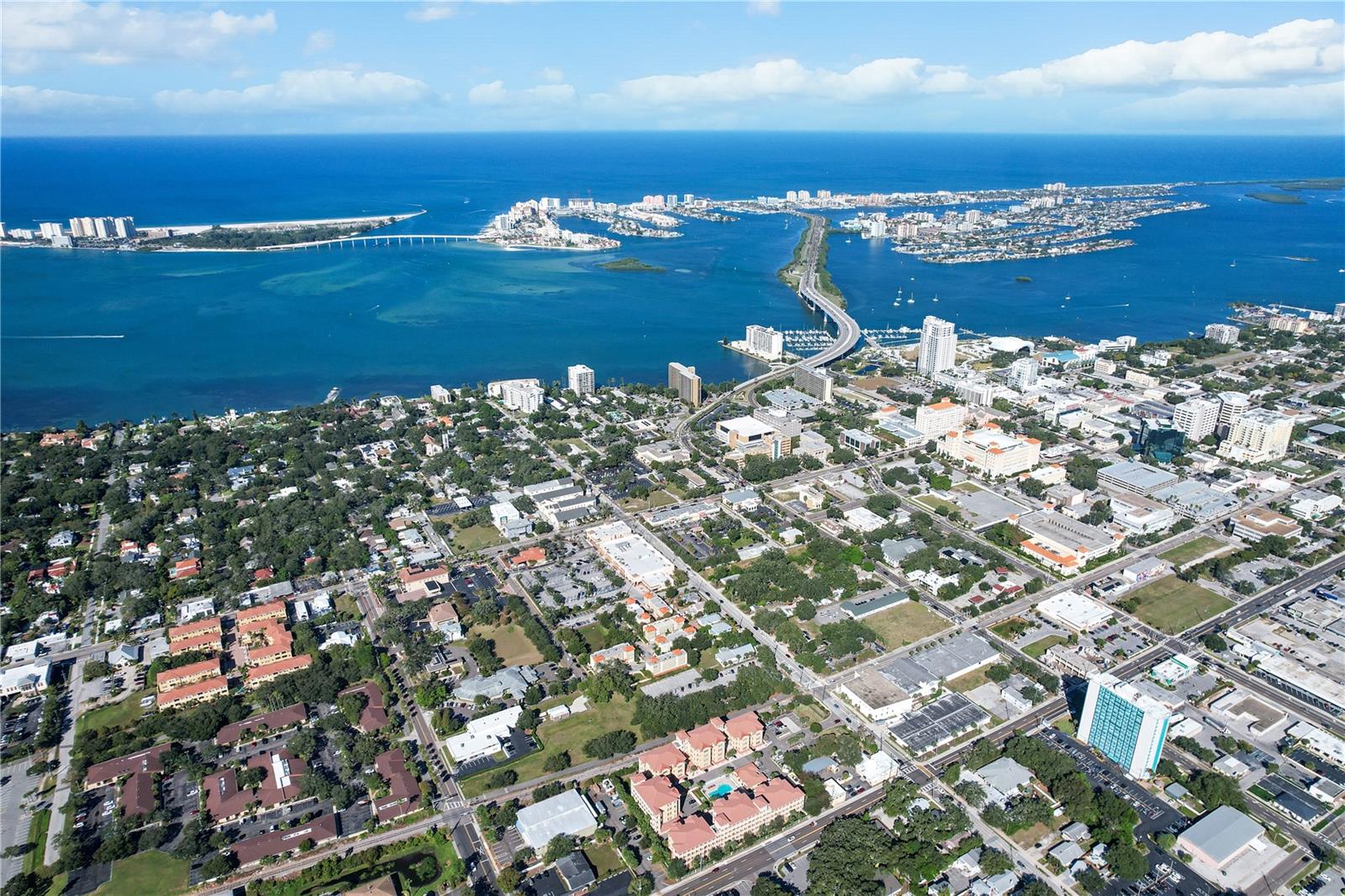 Aerial view of Memorial Causeway leading to Clearwater Beach.