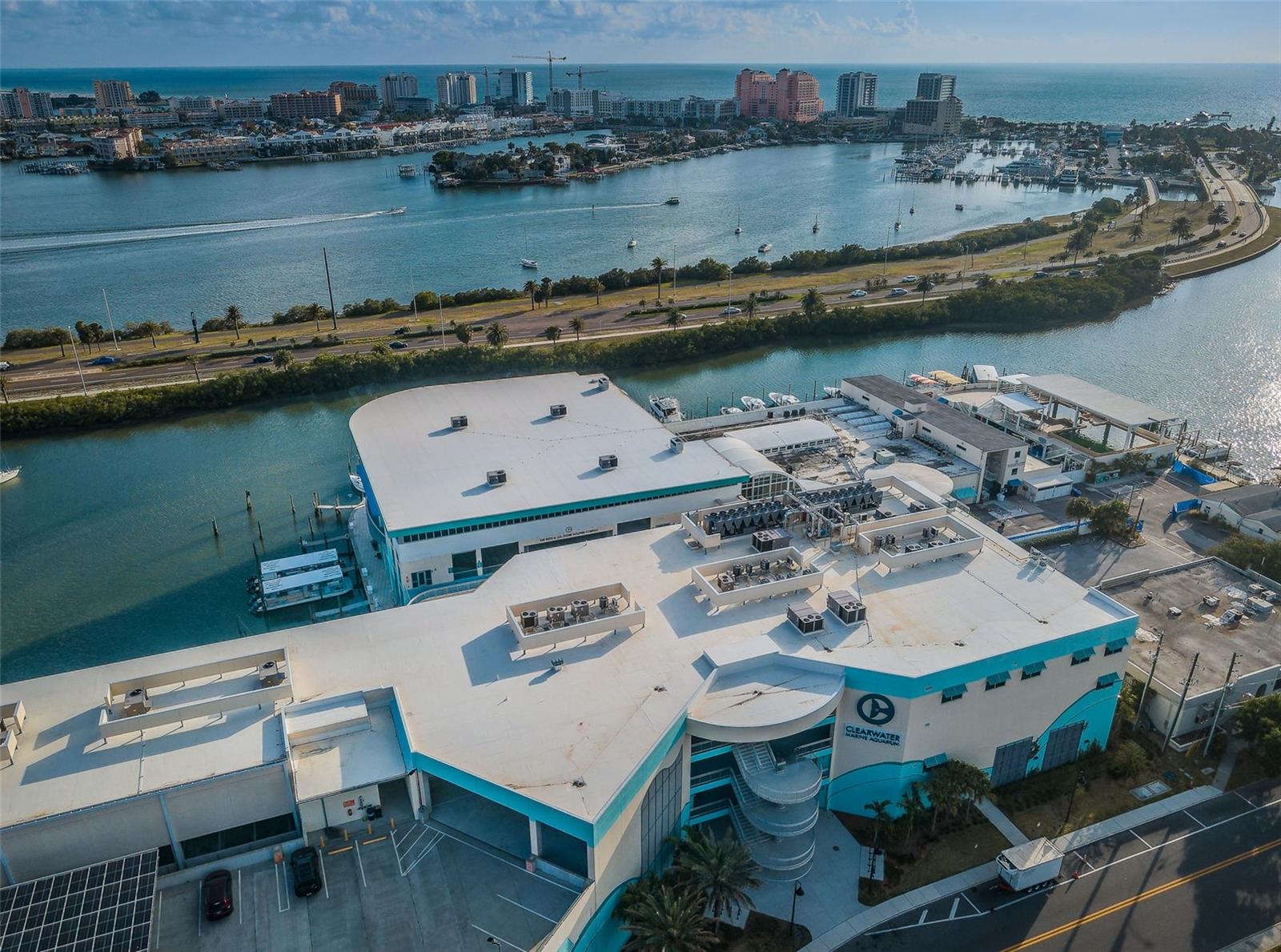 From above, the aquarium stands as a beacon of marine conservation nestled within the vibrant coastal community.