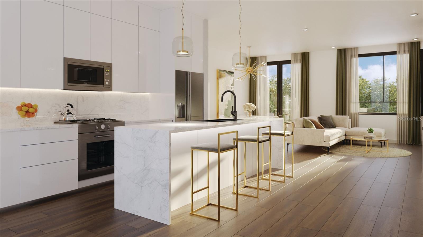 Upscale Kitchen cabinetry finished with calacatta countertops with an 10 foot double edge waterfall island. 3 designer kitchen options to choose from