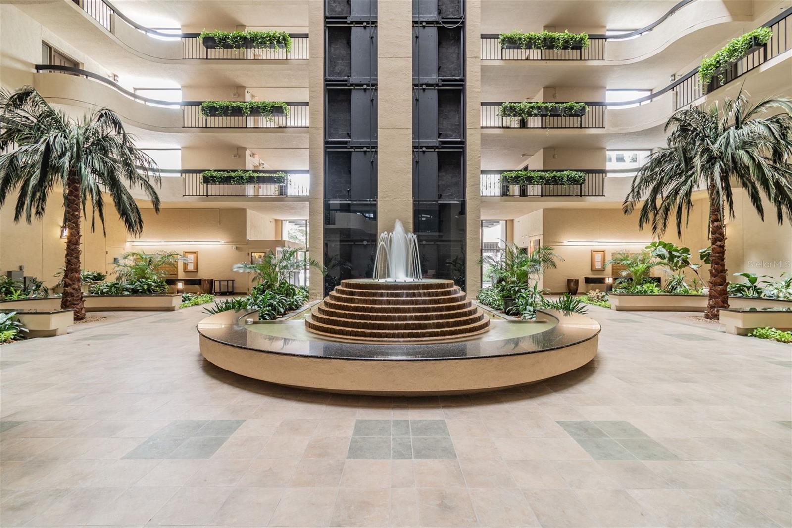 The Atrium lobby and its smooth elevators