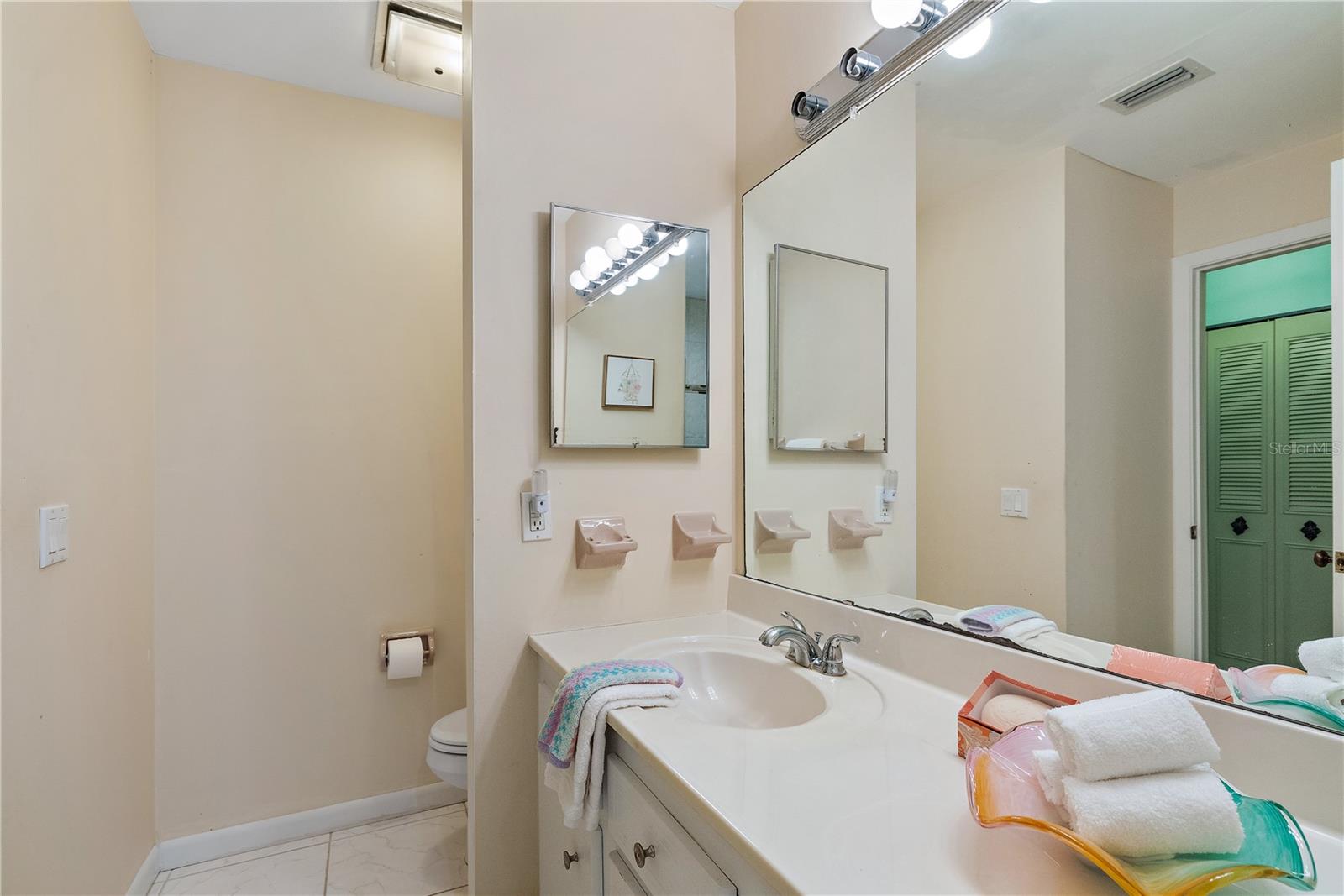 Divided space between vanity and water closet