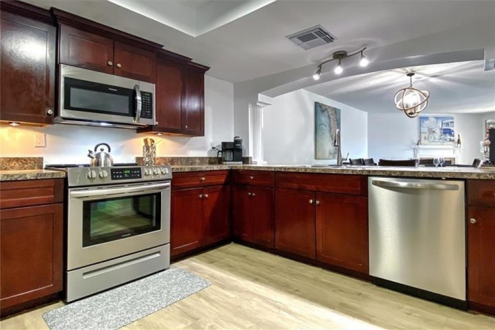 Large kitchen, stainless appliances