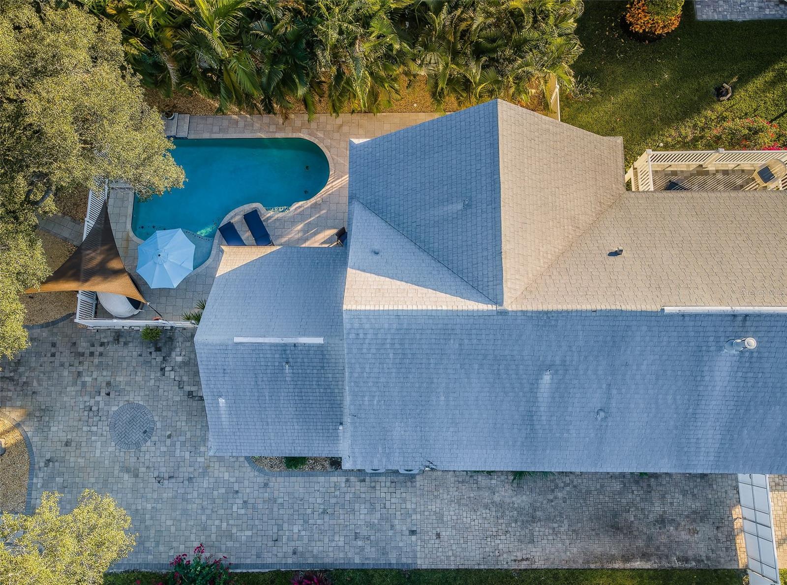 AERIAL OF POOL AND MASSIVE DRIVEWAY