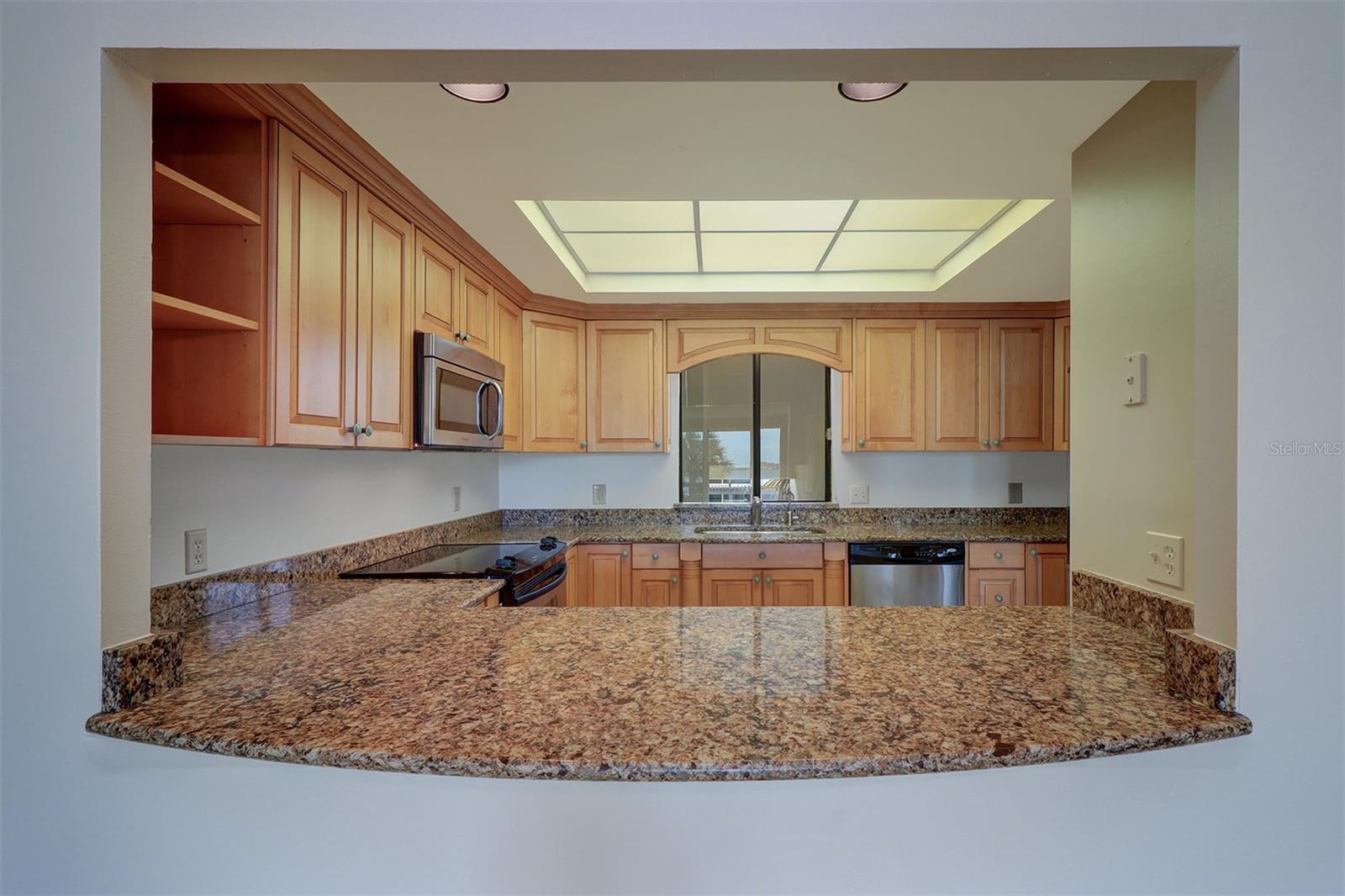 Granite kitchen counter with beautiful wood cabinetry and stainless steel appliances