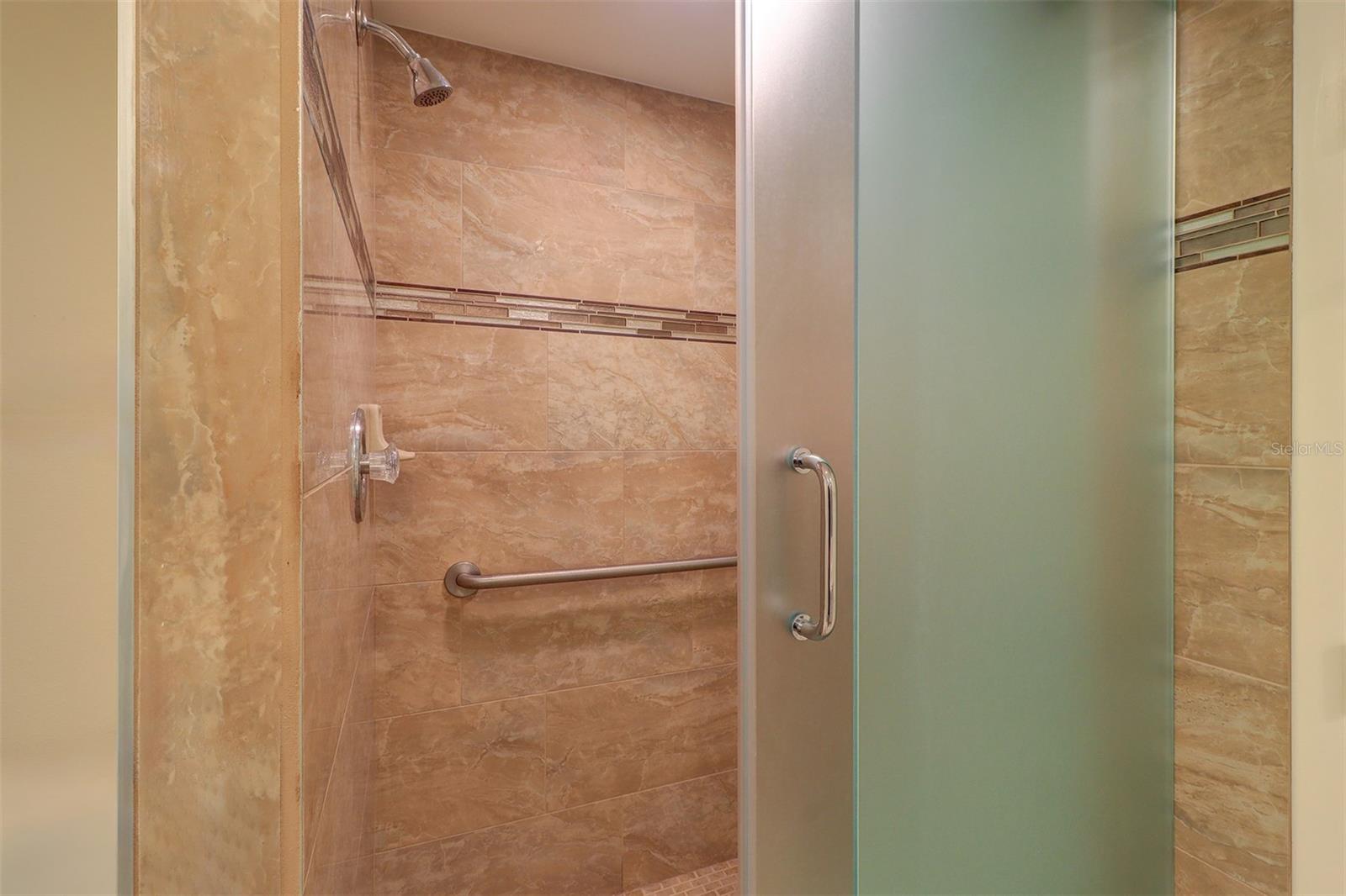 Hall bath shower with glass enclosure