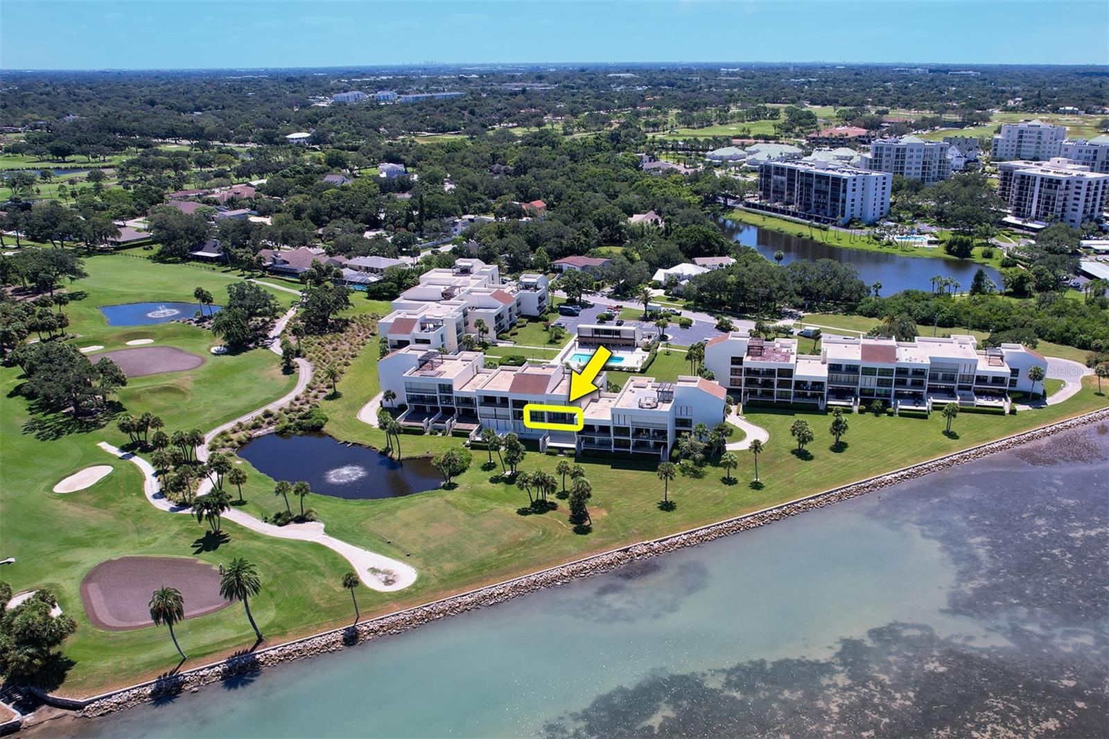 Yellow box shows location of the condo on the golf course and waterfront