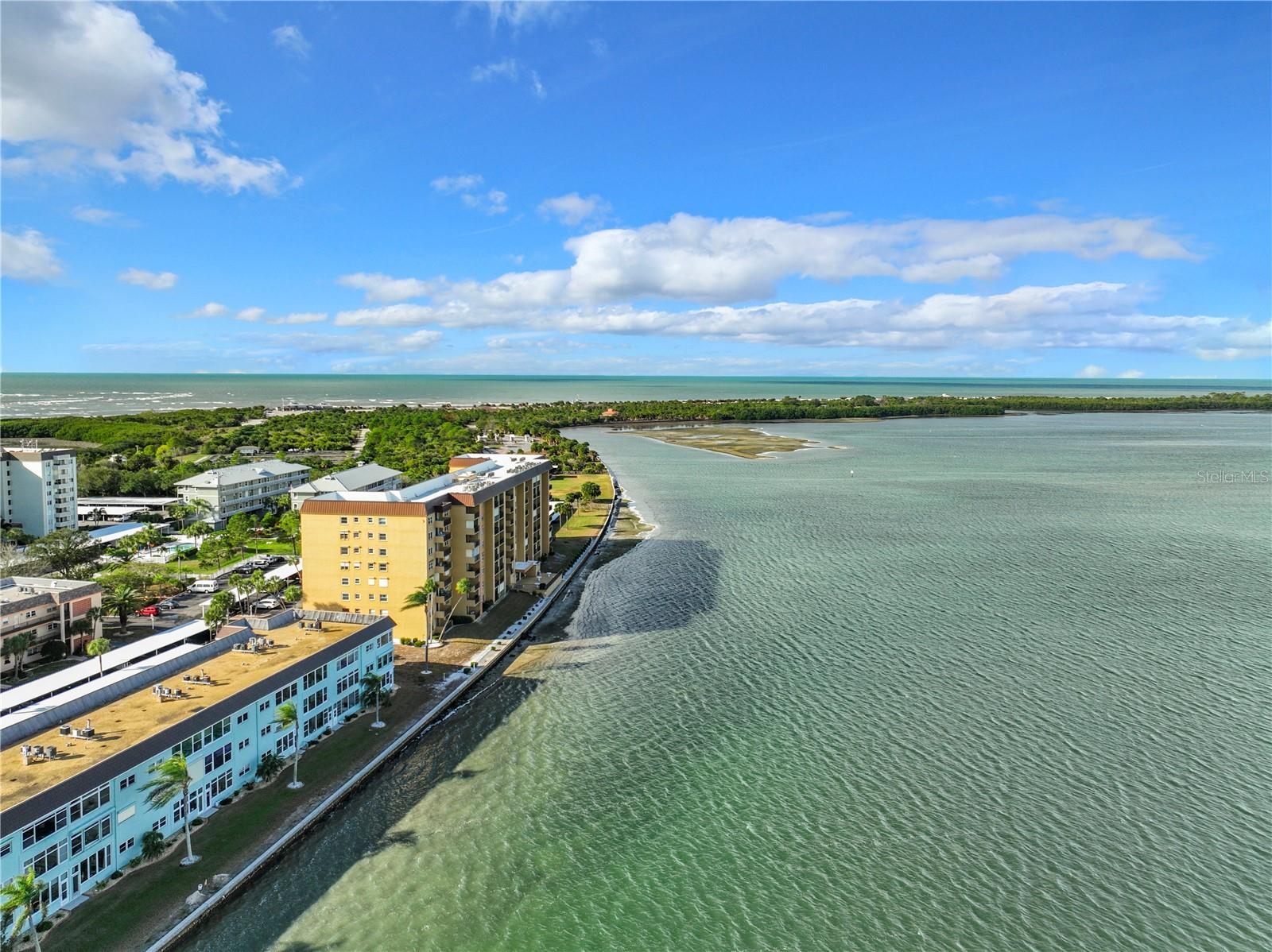 Aerial view of rear of buidling with Honeymoon Island in the distance