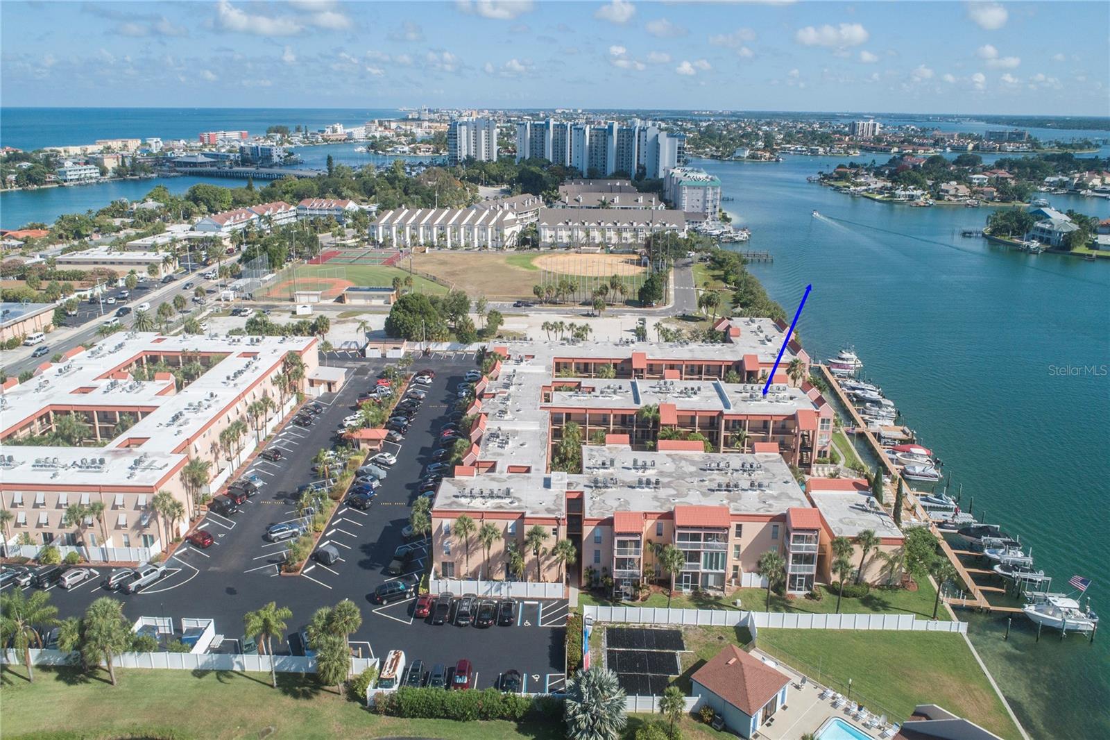 Aerial view of Boca Shores waterfront community.