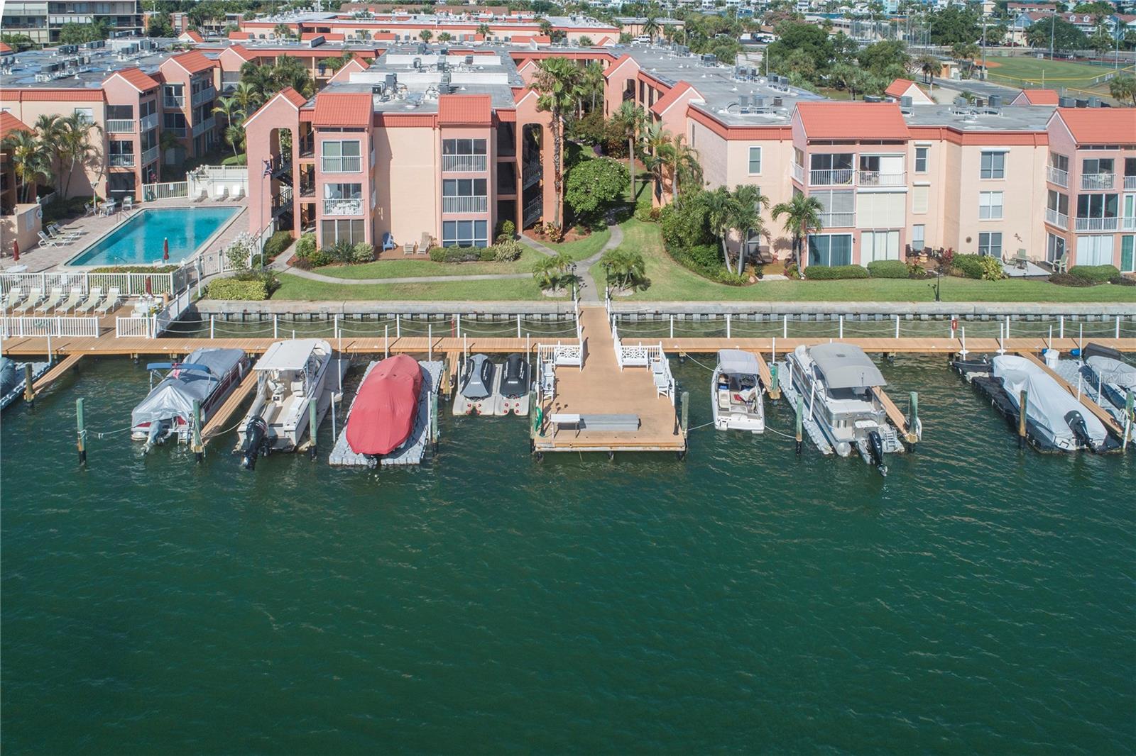 Aerial view of Boca Shores waterfront community.