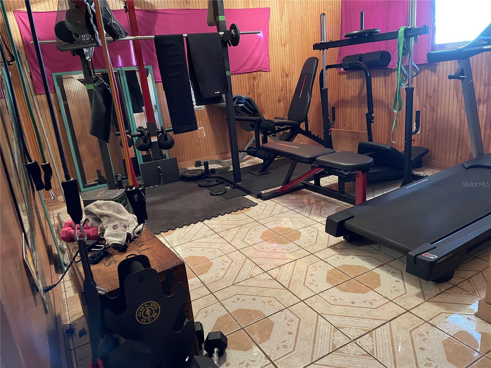 Storage area used as home gym