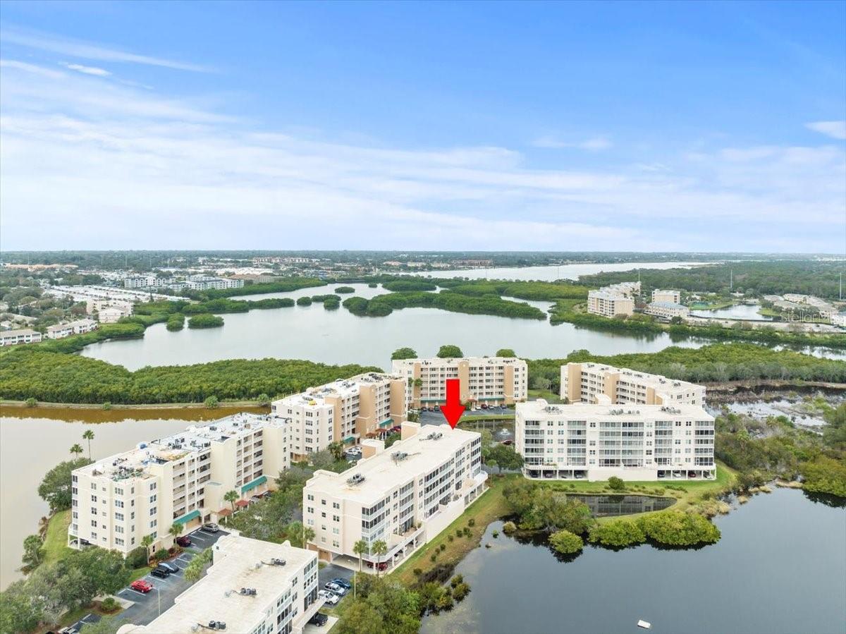 Aerial view of buildings 4-10 at the Shores of Long Bayou.  6475 Shoreline Drive, also known as Building #5, which is where this unit is located, is denoted by the red arrow.