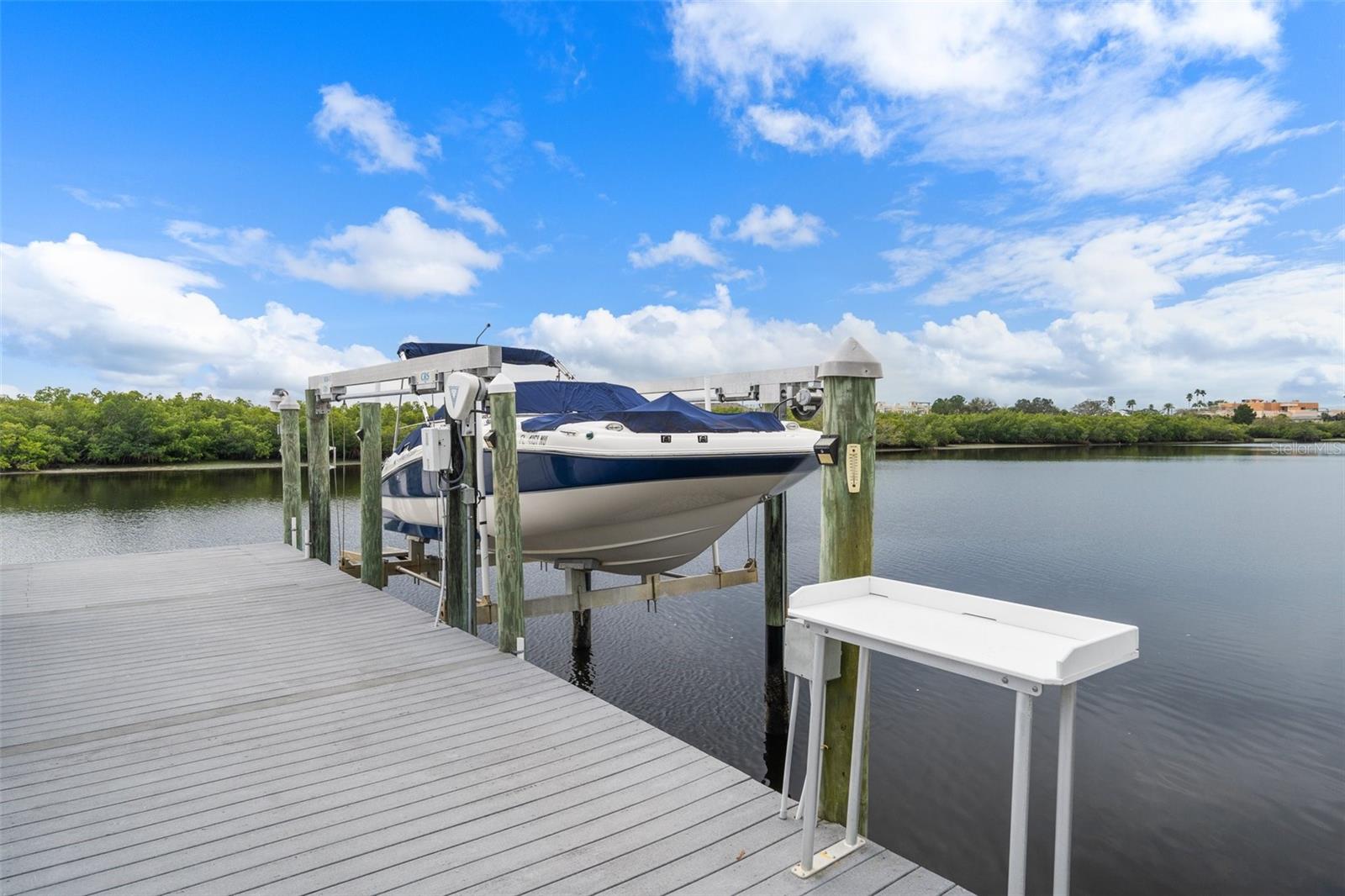 Boat dock/lift with water, electric and fish cleaning station. BOAT NEGOTIABLE