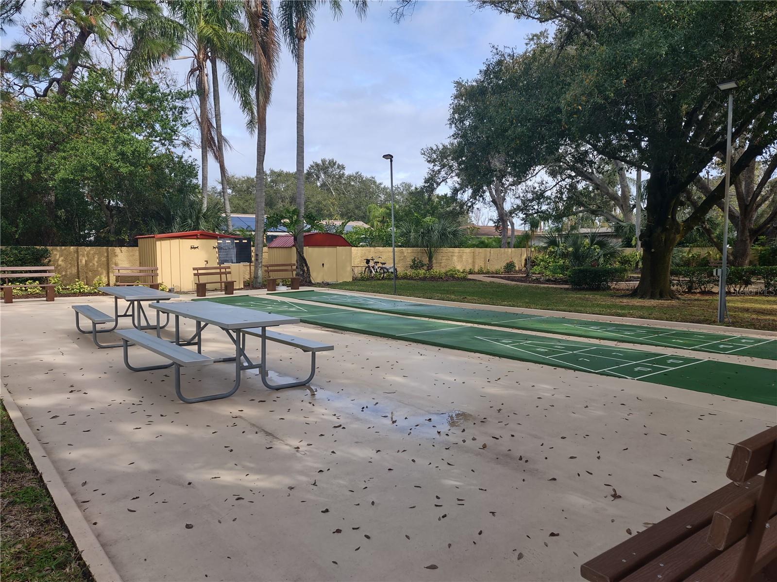 Shuffleboarad Courts with picnic tables and umbrellas.  Shed houses grills for resident use.  Bike storage is in upper righthand corner
