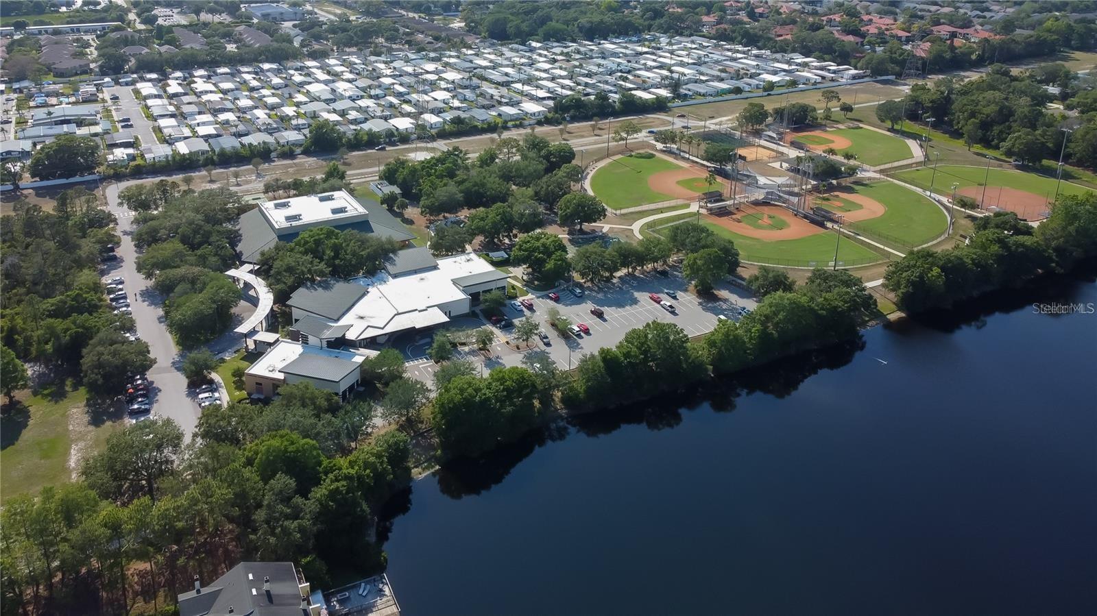 Aerial view of the rec center, library and fields.