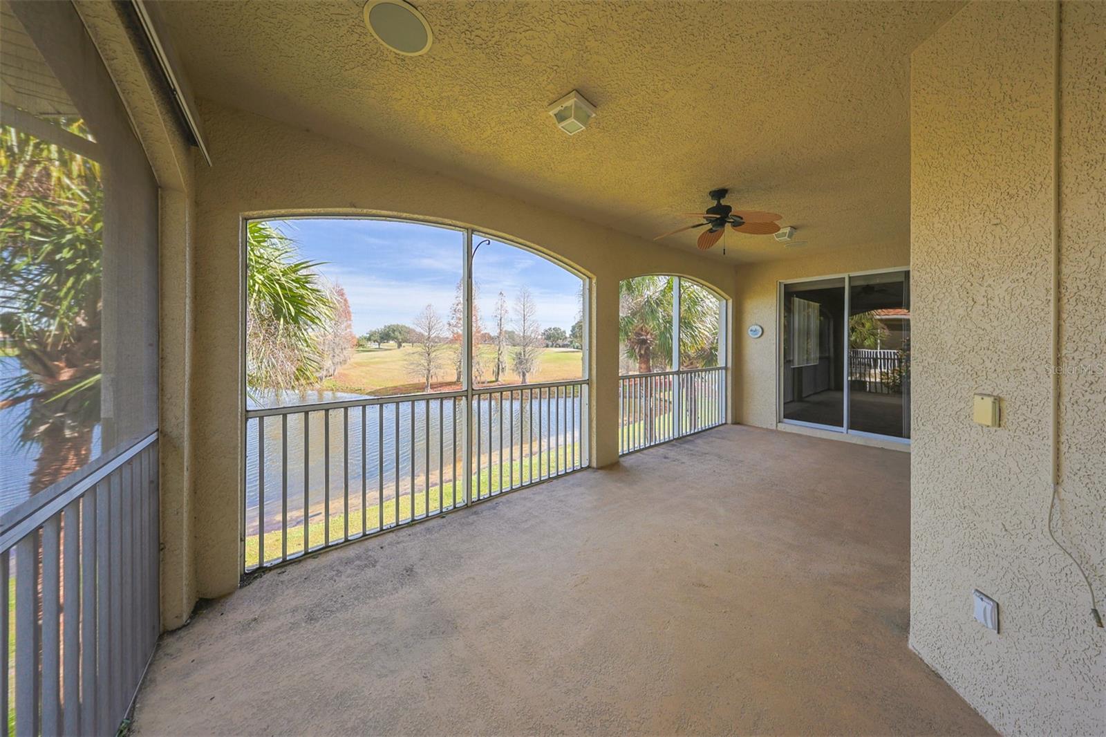 Corner unit with a large screened in patio with sliding glass doors from the dinette, great room and master bedroom.