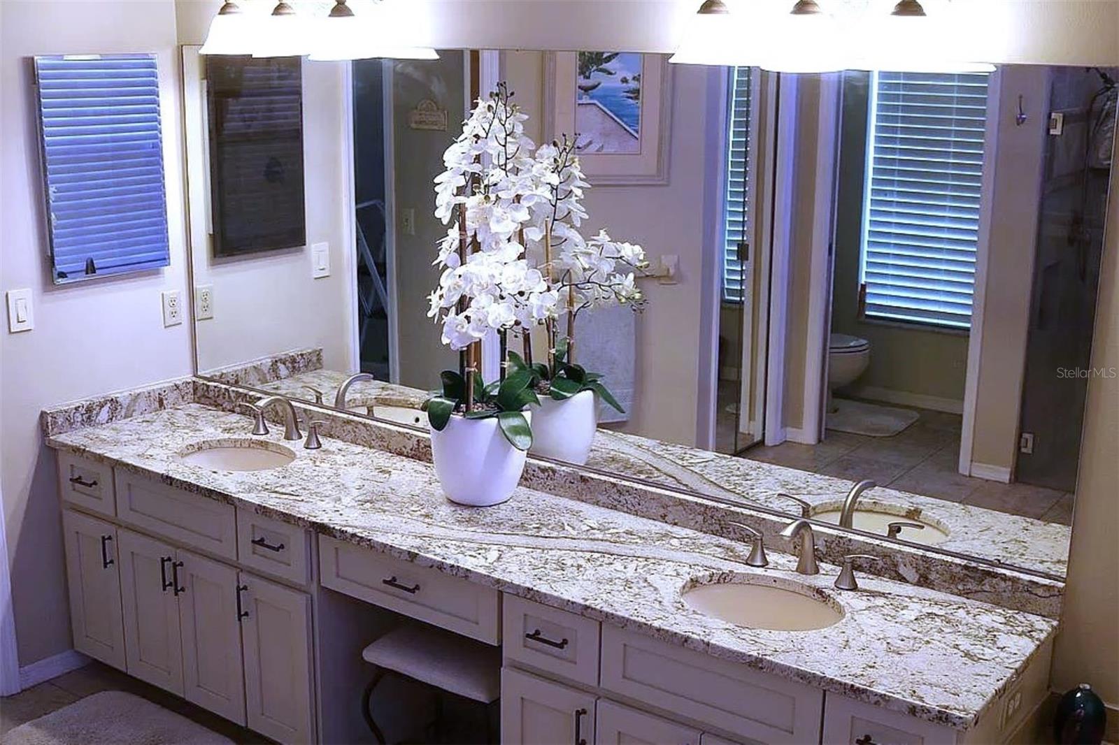 Enter this beautiful bathroom area, His and Her sinks with makeup area inbetween sinks
