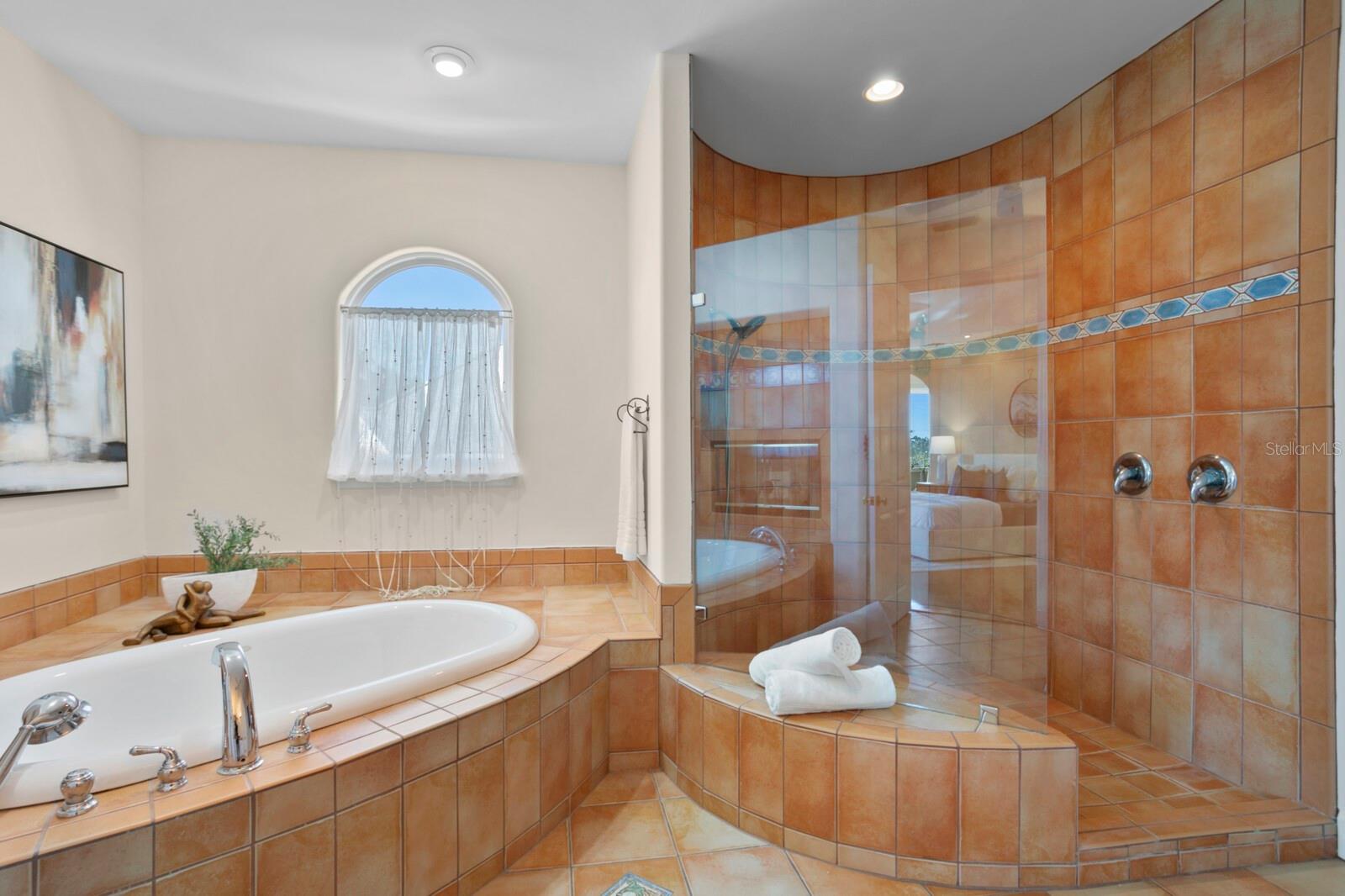 Double head shower and separate soaking tub