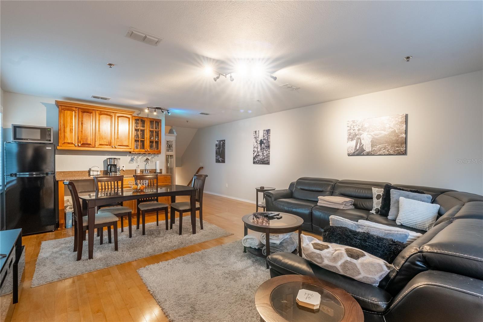 The living room has cabinets, a wet bar and refrigerator that will convey.