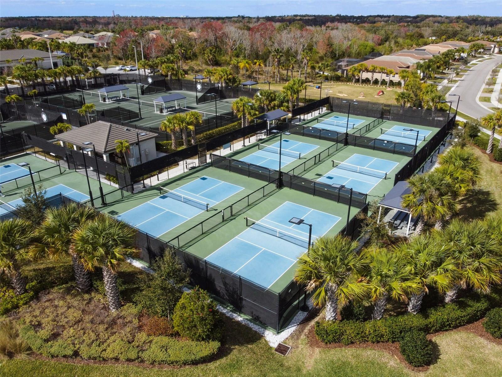 Aerial view of the pickleball and tennis courts.