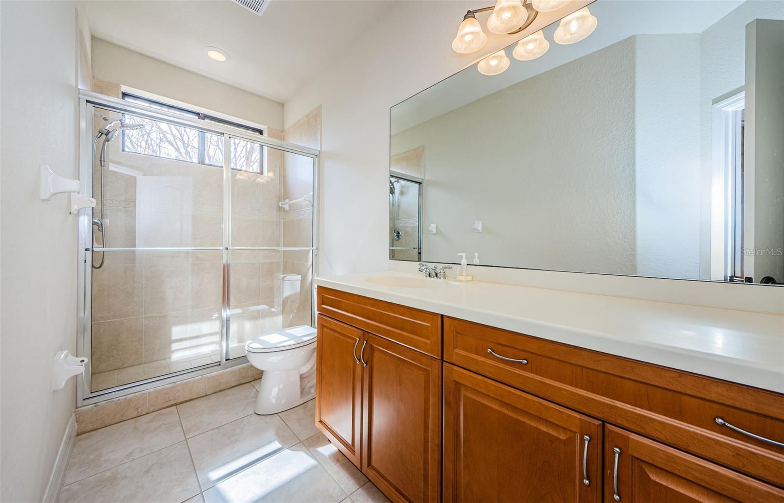 Main Level Bathroom with walk-in shower, vanity and linen Closet