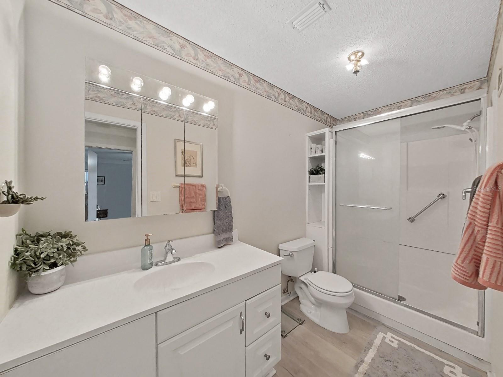 The bath open with a walk-in shower!
