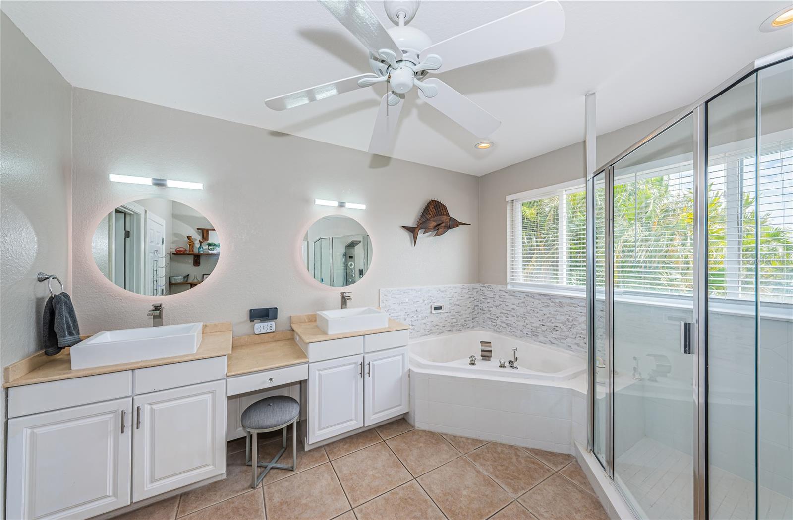 Upper Level Primary Bathroom with Separate shower and Jacuzzi tub