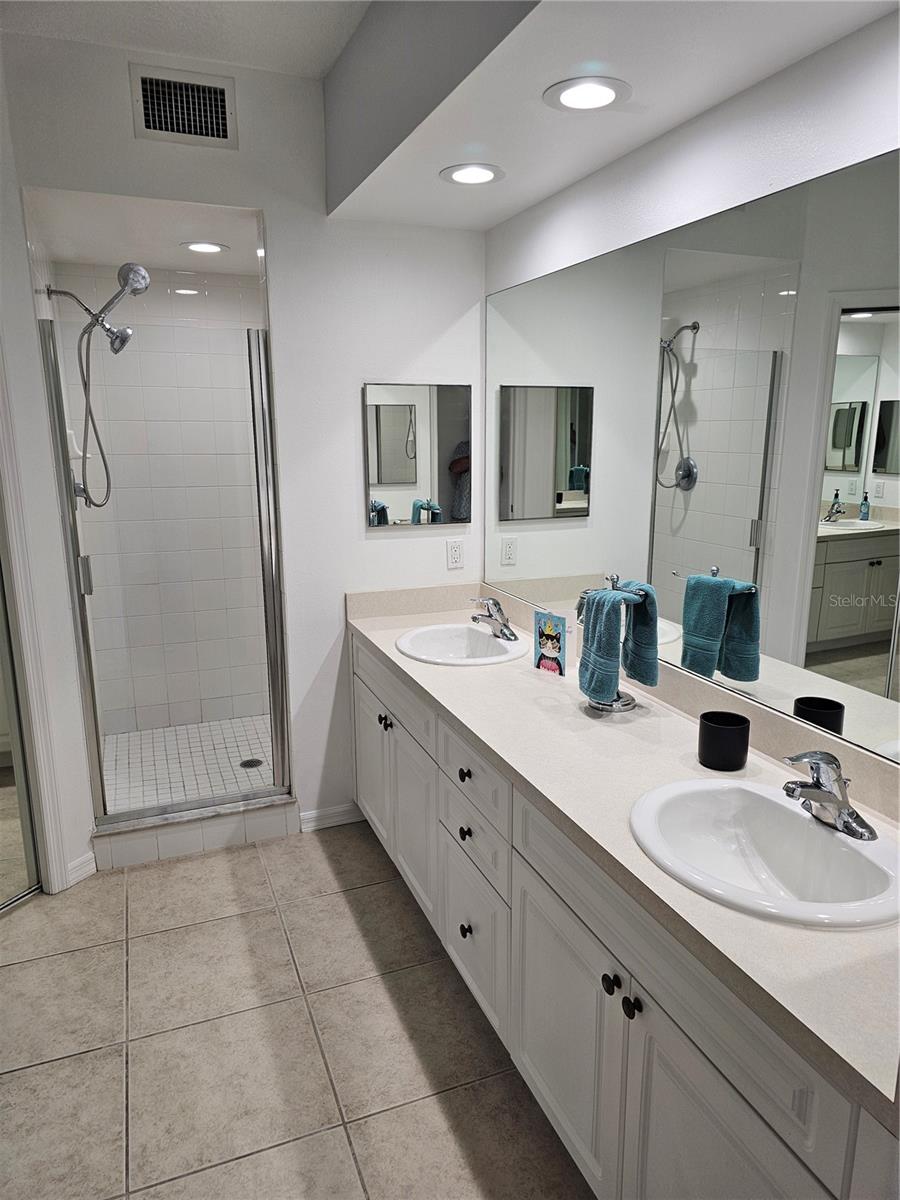 double sinks and entrance to large shower