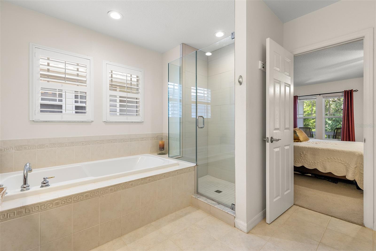Separate tub and shower space with updated shower tile