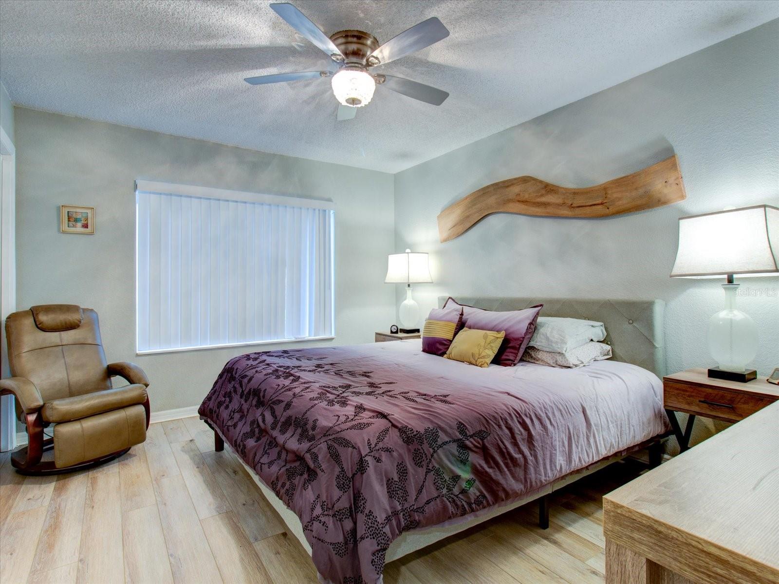Large Bedroom That Can Easily Hold a King Size Bed With Updated Flooring and Ceiling Fan With Direct Bathroom Access 2