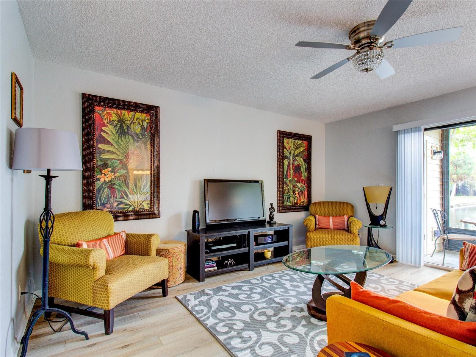 Living Room Updated flooring, Orange Peel Texture, & New Ceiling Fan