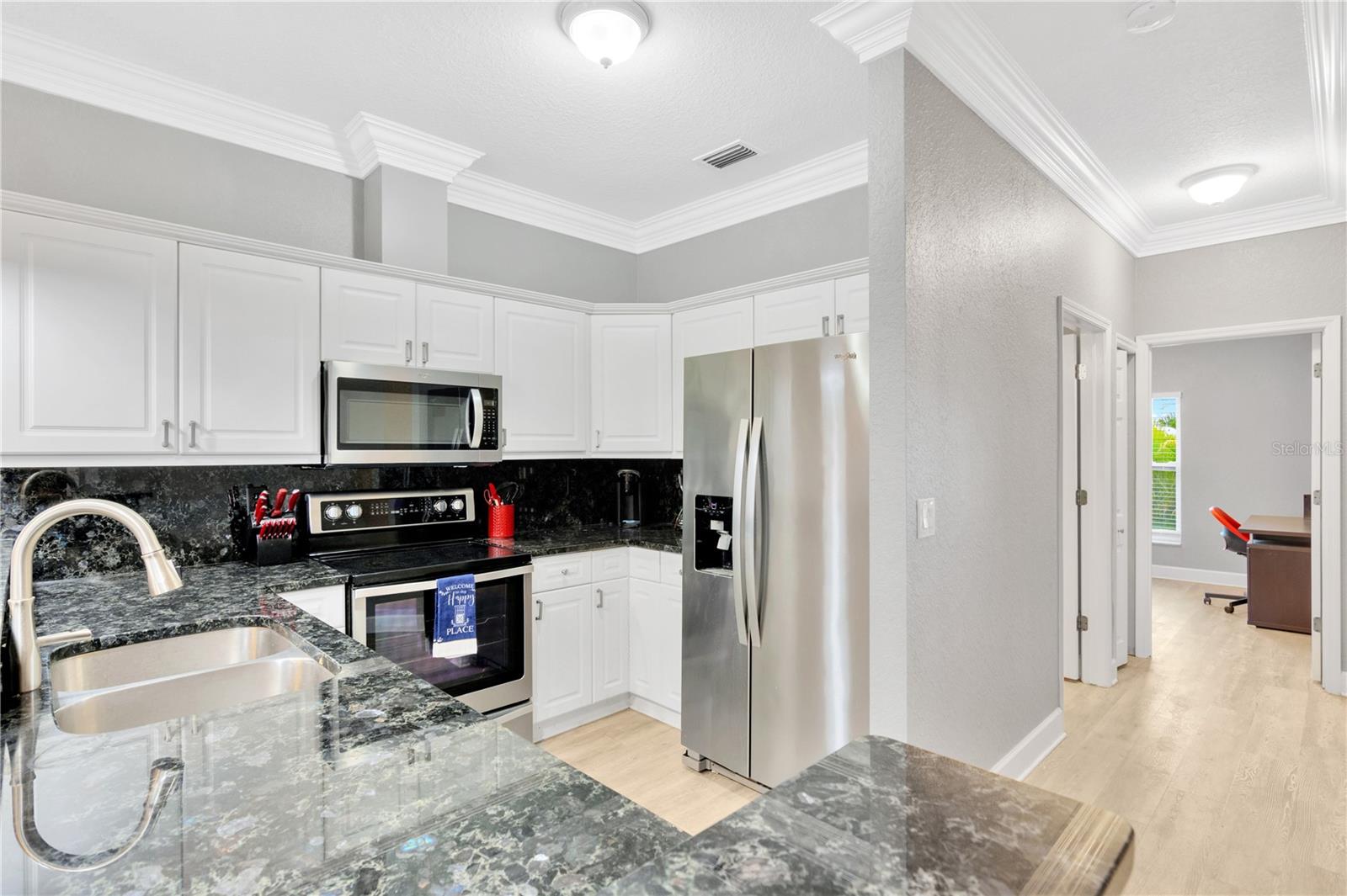 Beautiful Granite Counters, Stainless Steel Appliances and Crown Molding.