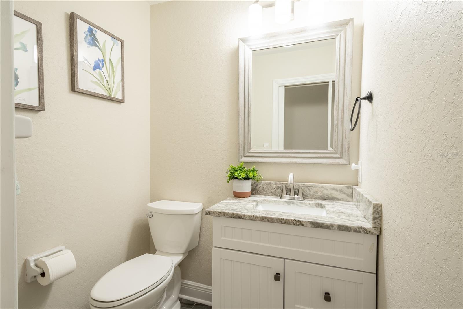 The first floor also has a powder room with a mirrored vanity with storage.