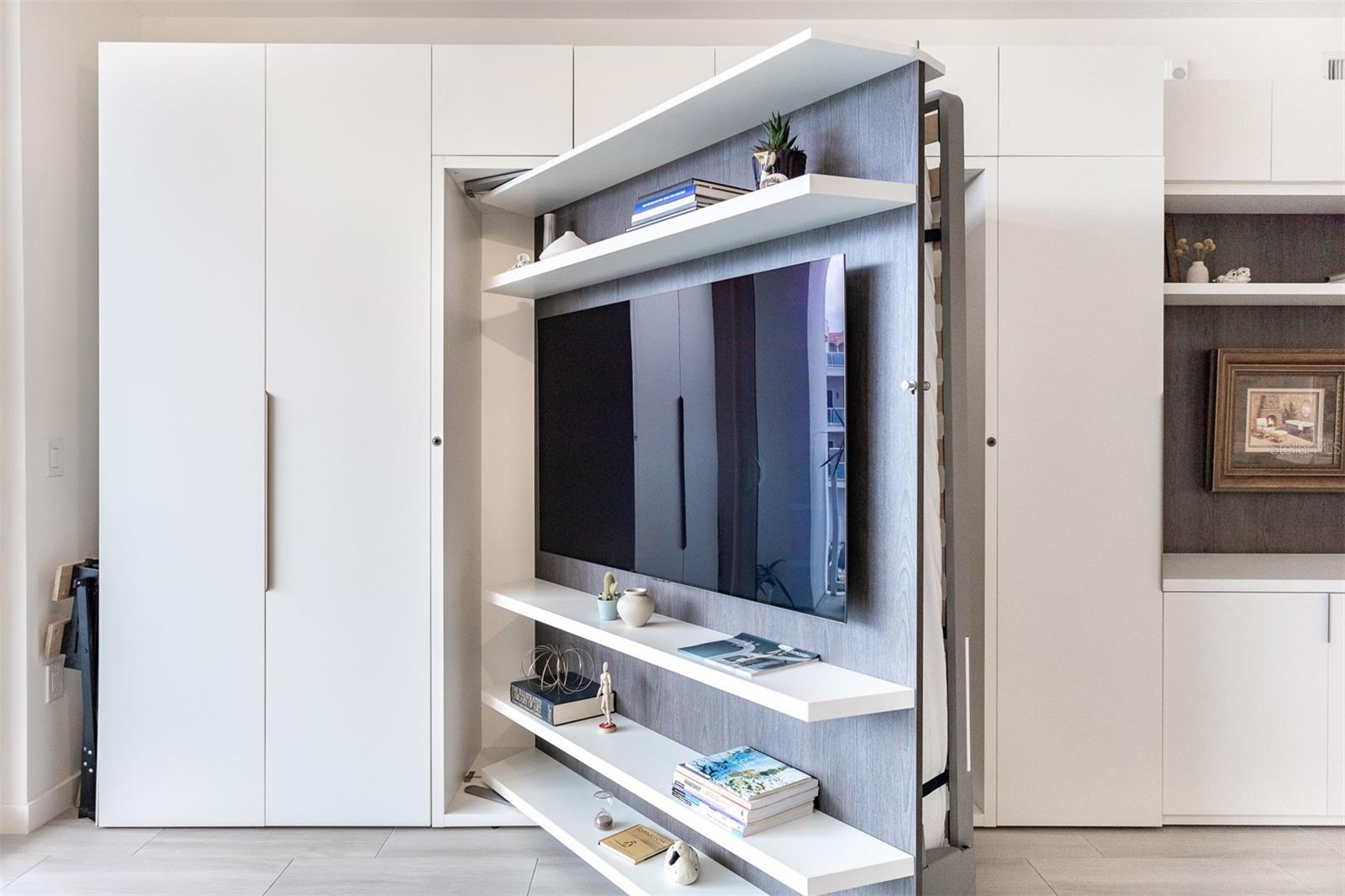 Living room cabinet with TV easily converts into a bed