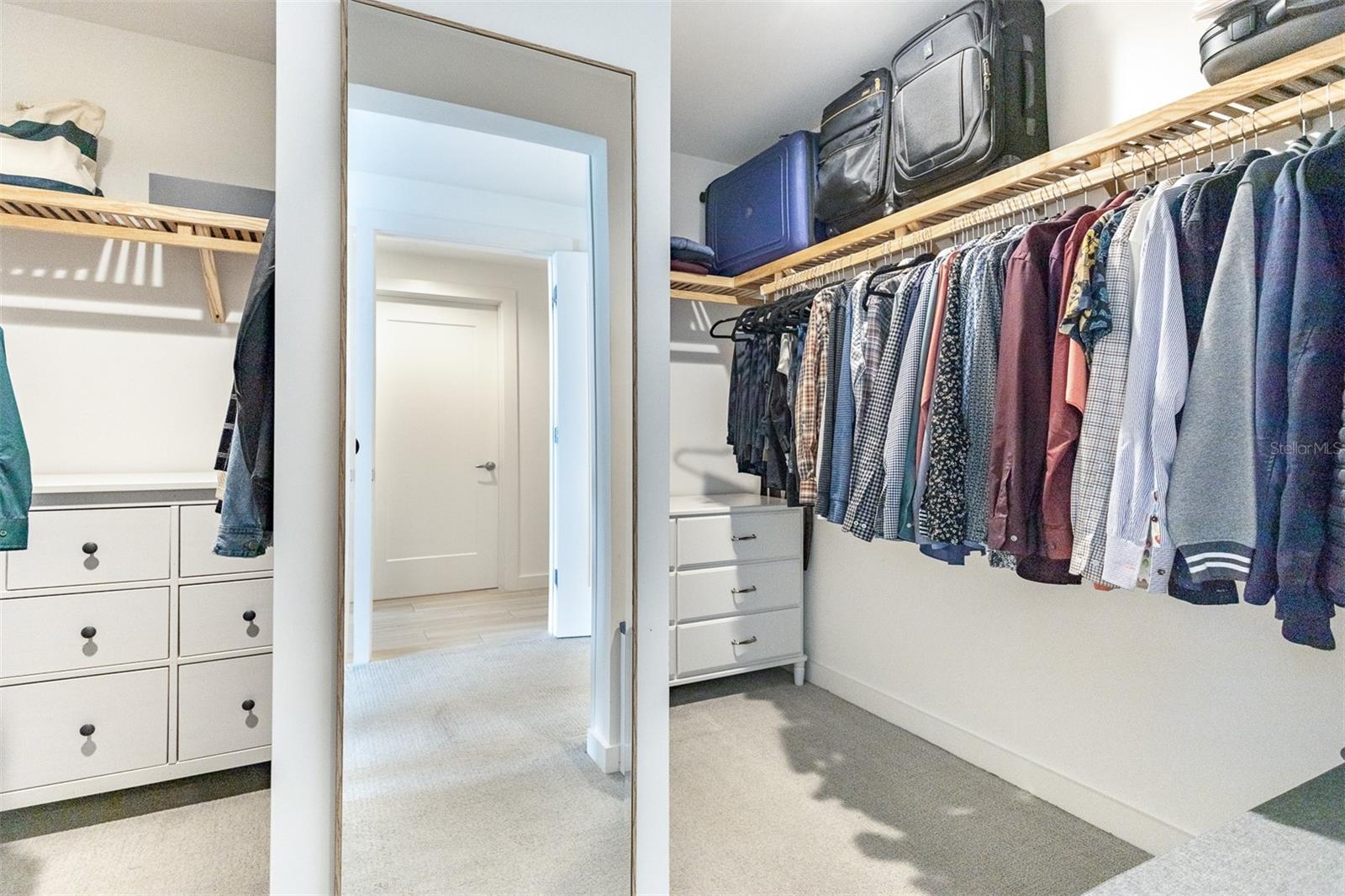 Large walk-in closet complete with dressers and mirror